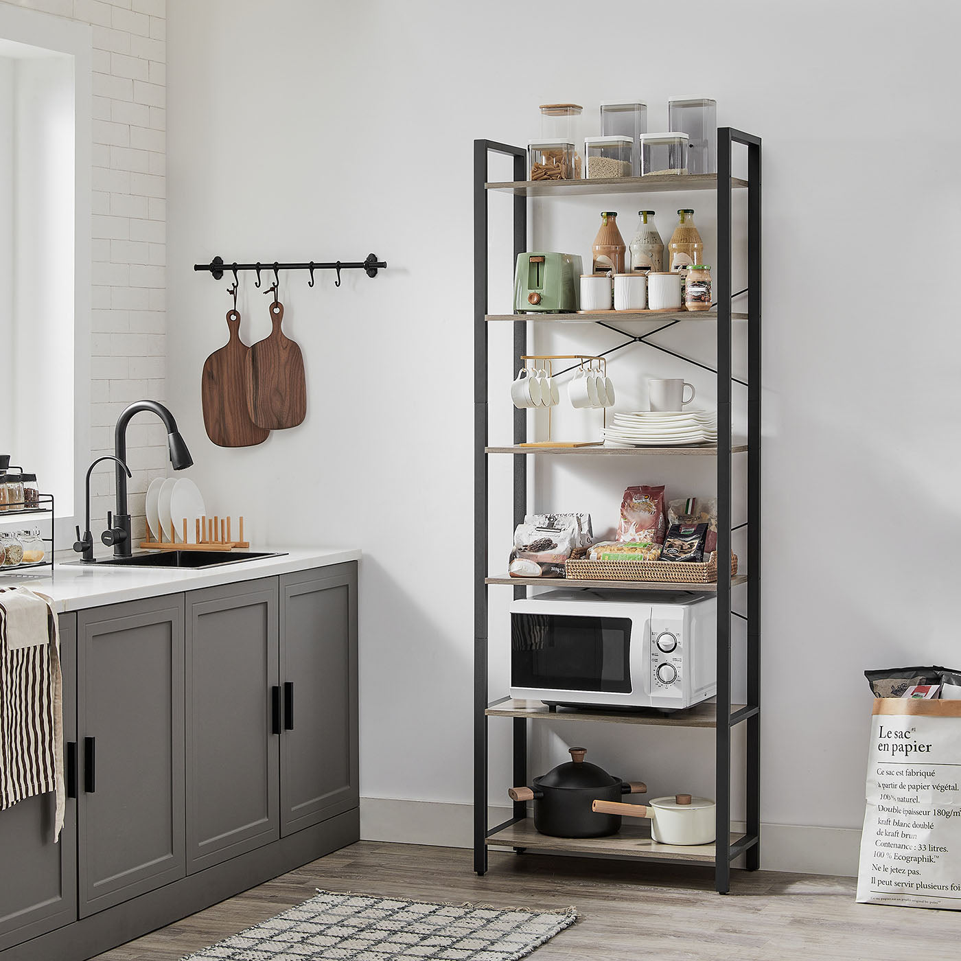 Industrial 6-Tier Bookcase - Steel - Heather Greige and Black - Adjustable Shelves