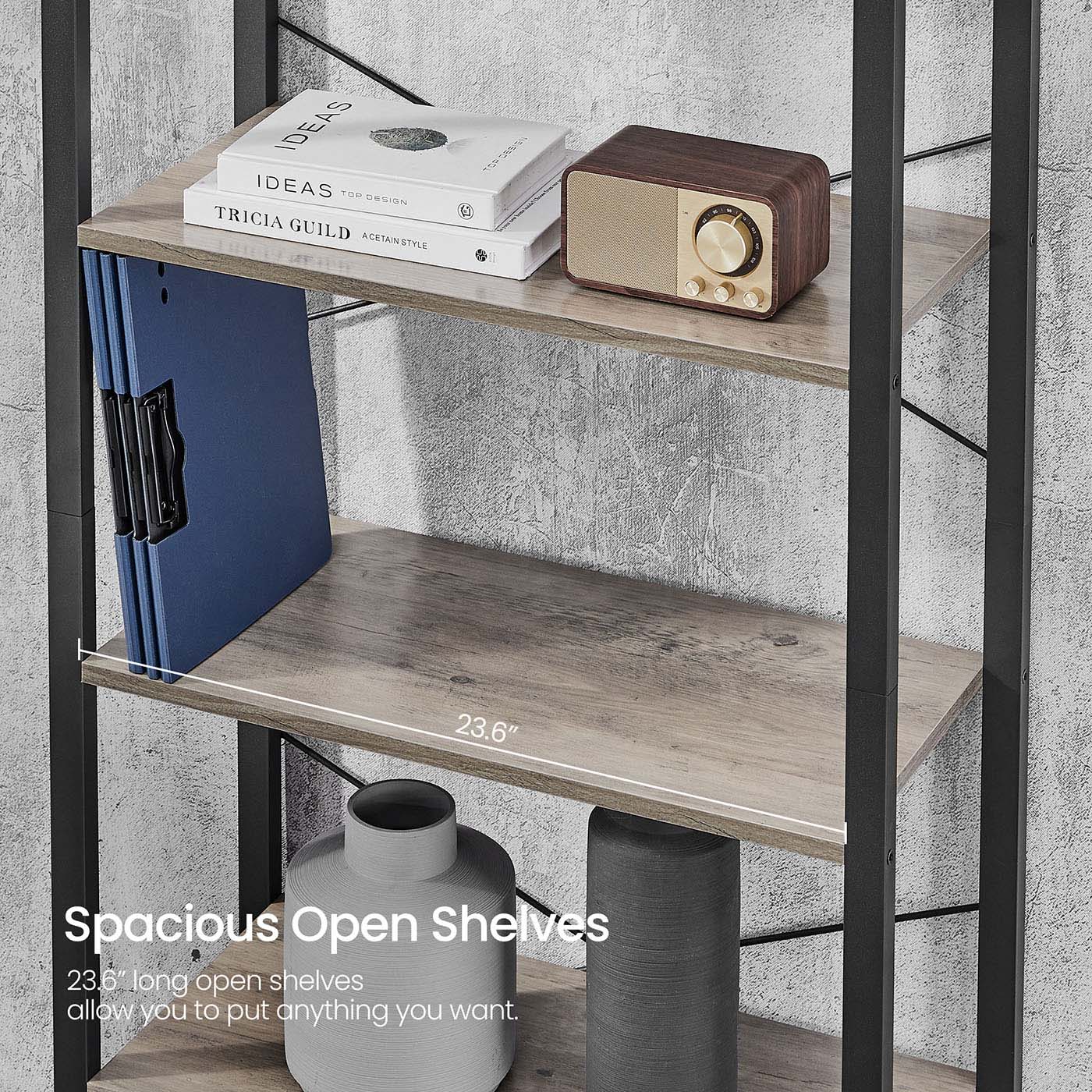 Industrial 6-Tier Bookcase - Steel - Heather Greige and Black - Adjustable Shelves