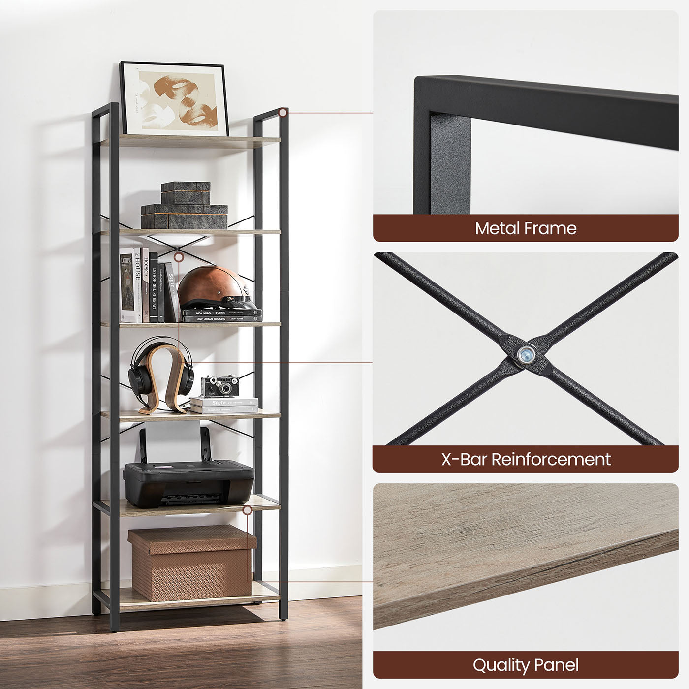 Industrial 6-Tier Bookcase - Steel - Heather Greige and Black - Adjustable Shelves