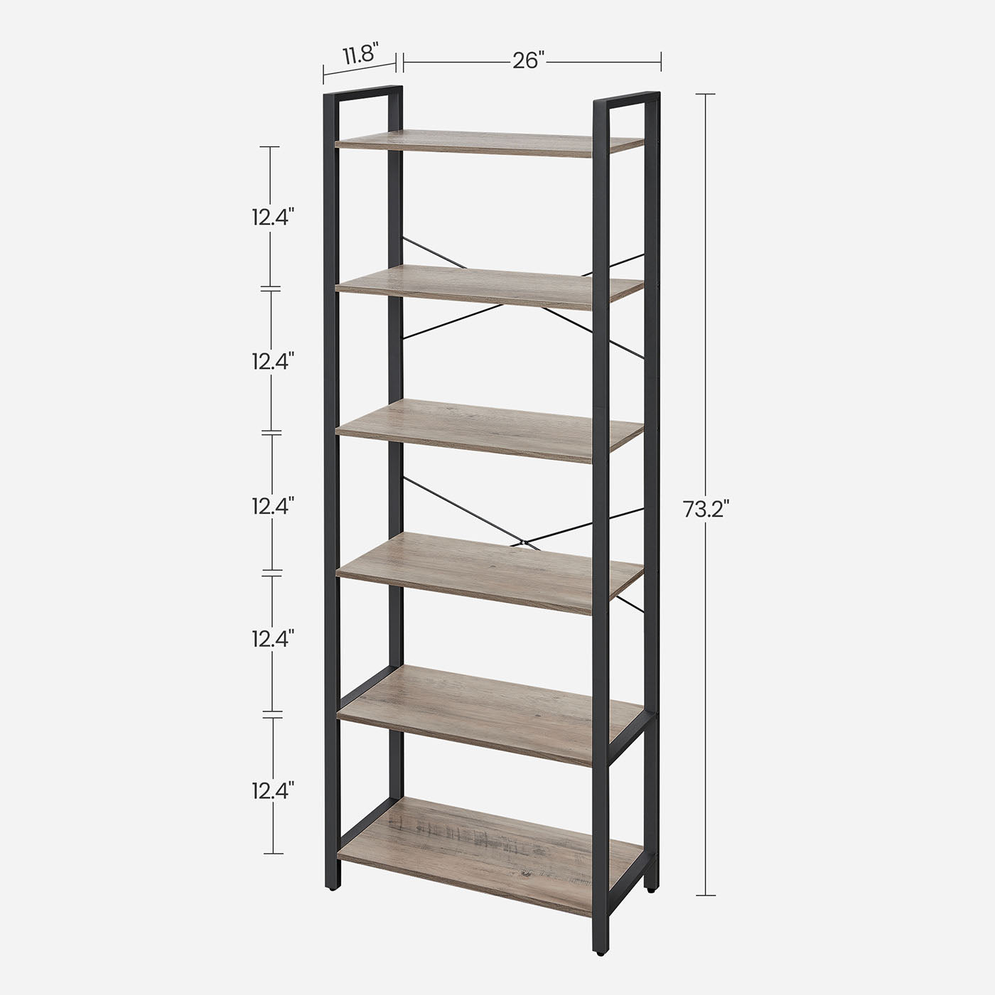 Industrial 6-Tier Bookcase - Steel - Heather Greige and Black - Adjustable Shelves