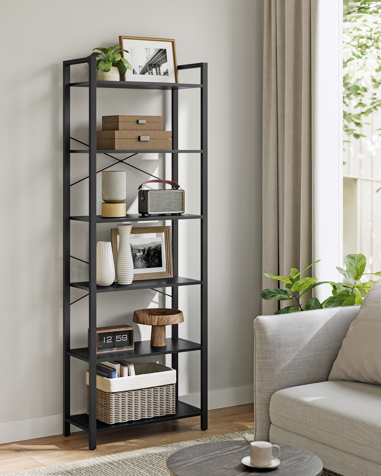 Freestanding Bookshelf - 6-Tier Industrial Design - Steel - Ebony Black