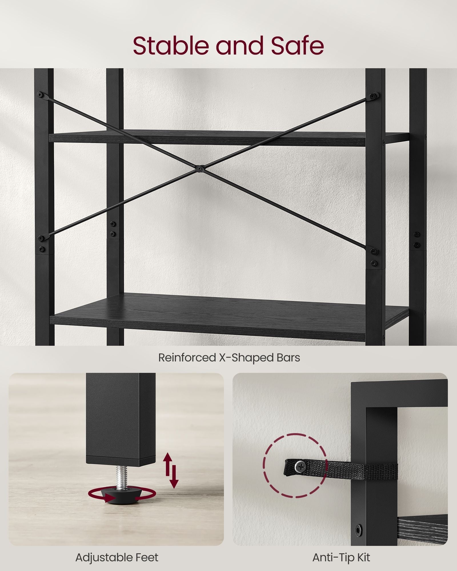 Freestanding Bookshelf - 6-Tier Industrial Design - Steel - Ebony Black