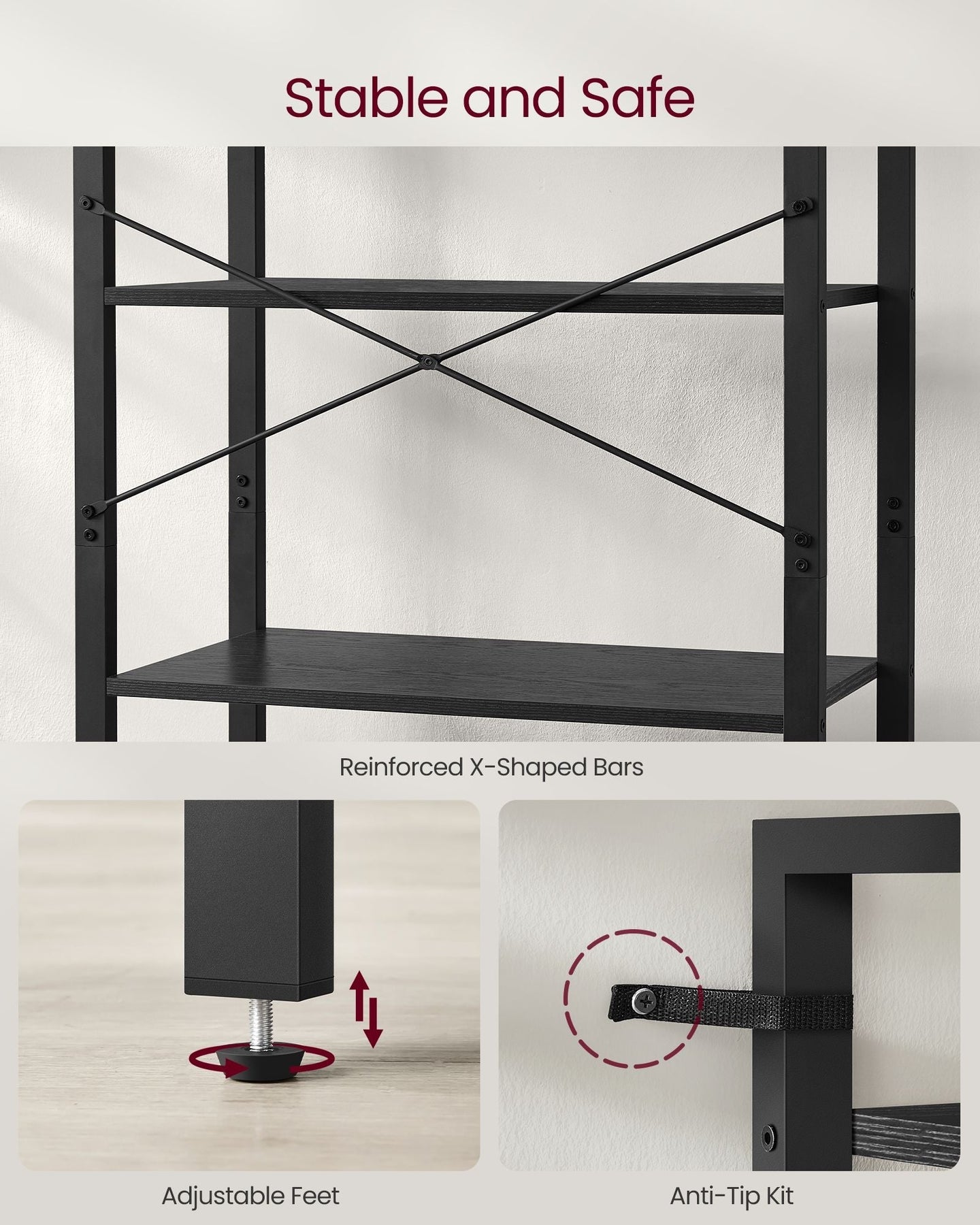 Freestanding Bookshelf - 6-Tier Industrial Design - Steel - Ebony Black