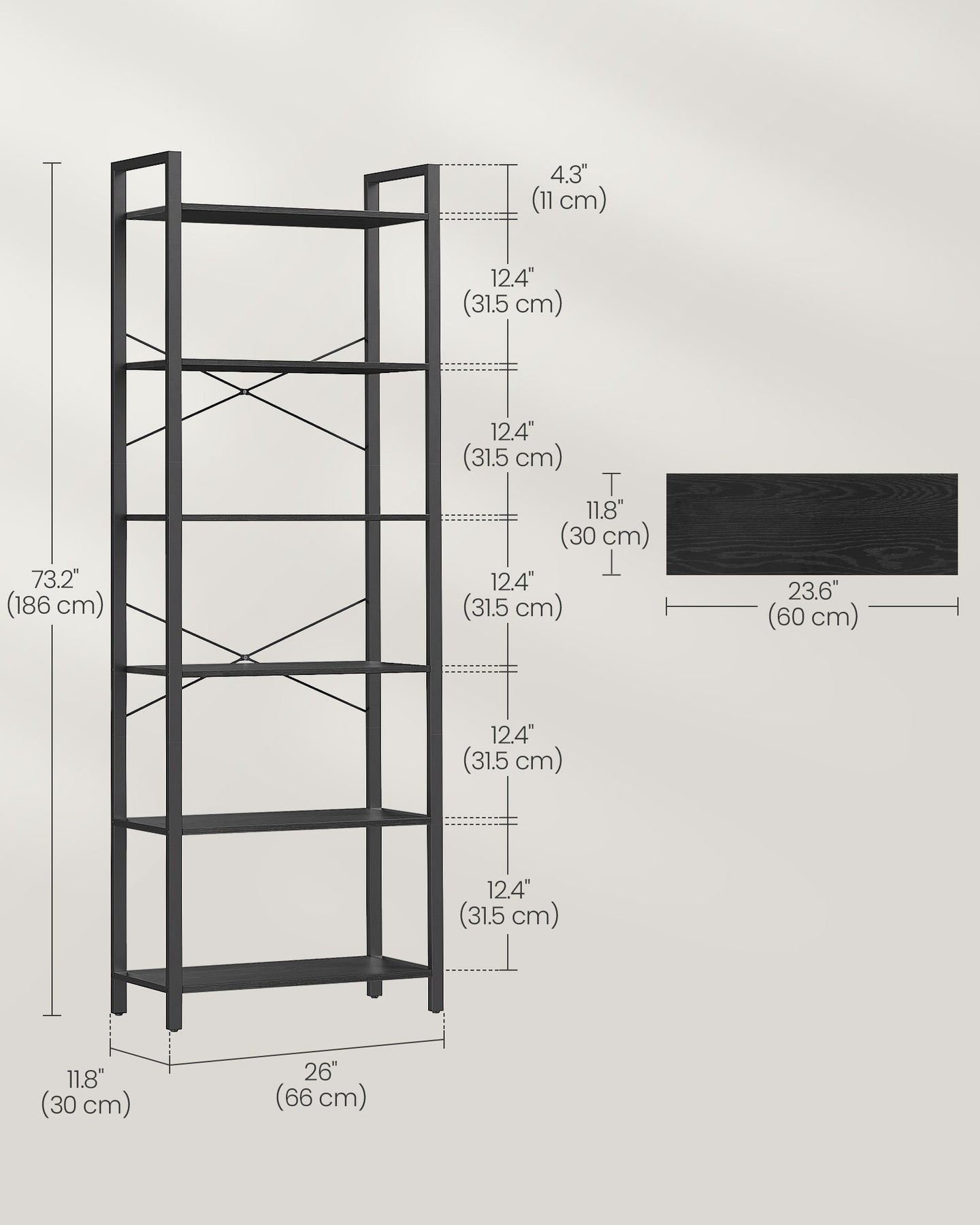 Freestanding Bookshelf - 6-Tier Industrial Design - Steel - Ebony Black
