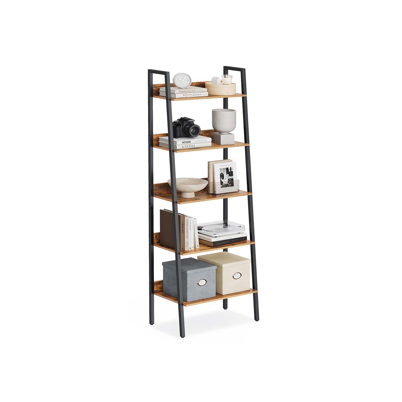 5 Tier Bookcase - Metal - Rustic Brown and Black - Freestanding Storage Shelf