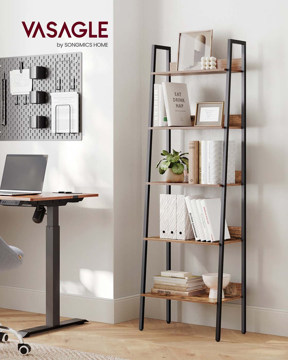 5 Tier Bookcase - Metal - Rustic Brown and Black - Freestanding Storage Shelf