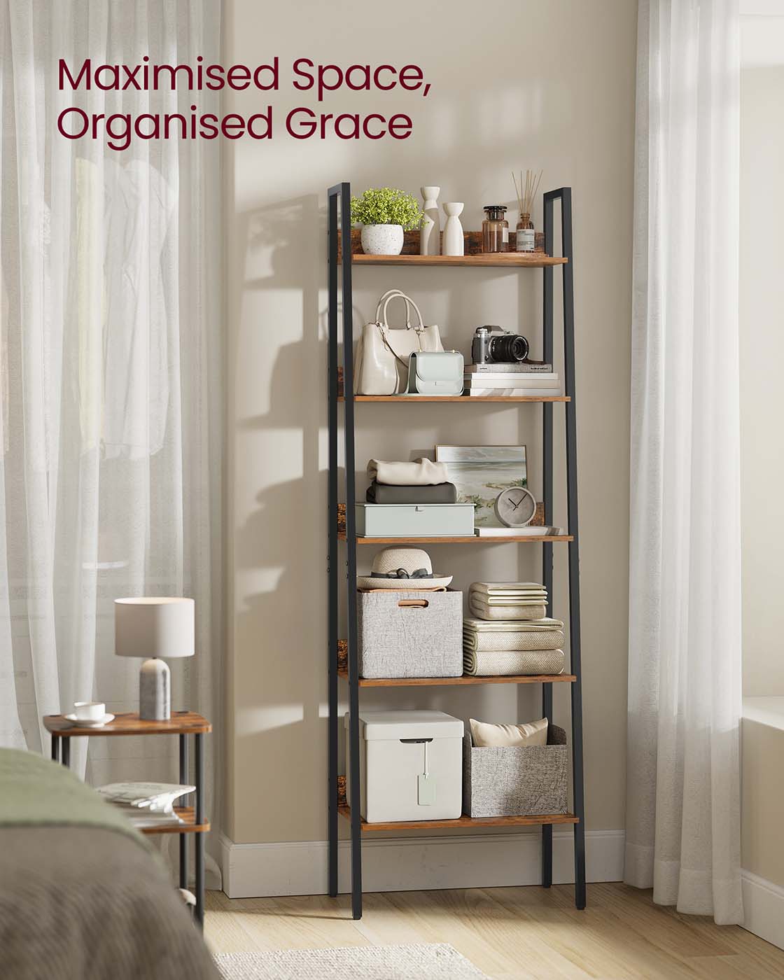 5 Tier Bookcase - Metal - Rustic Brown and Black - Freestanding Storage Shelf