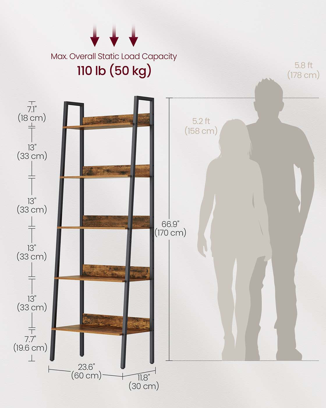 5 Tier Bookcase - Metal - Rustic Brown and Black - Freestanding Storage Shelf