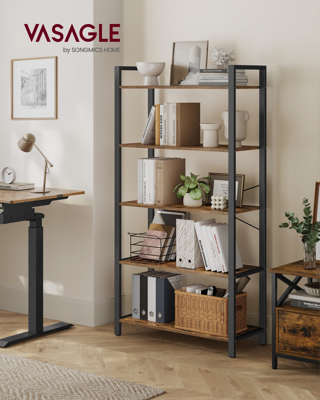 Storage Shelving Unit - Open with Multiple Tiers - Rustic Brown, Matte Black - 78 x 30 x 152.5 cm