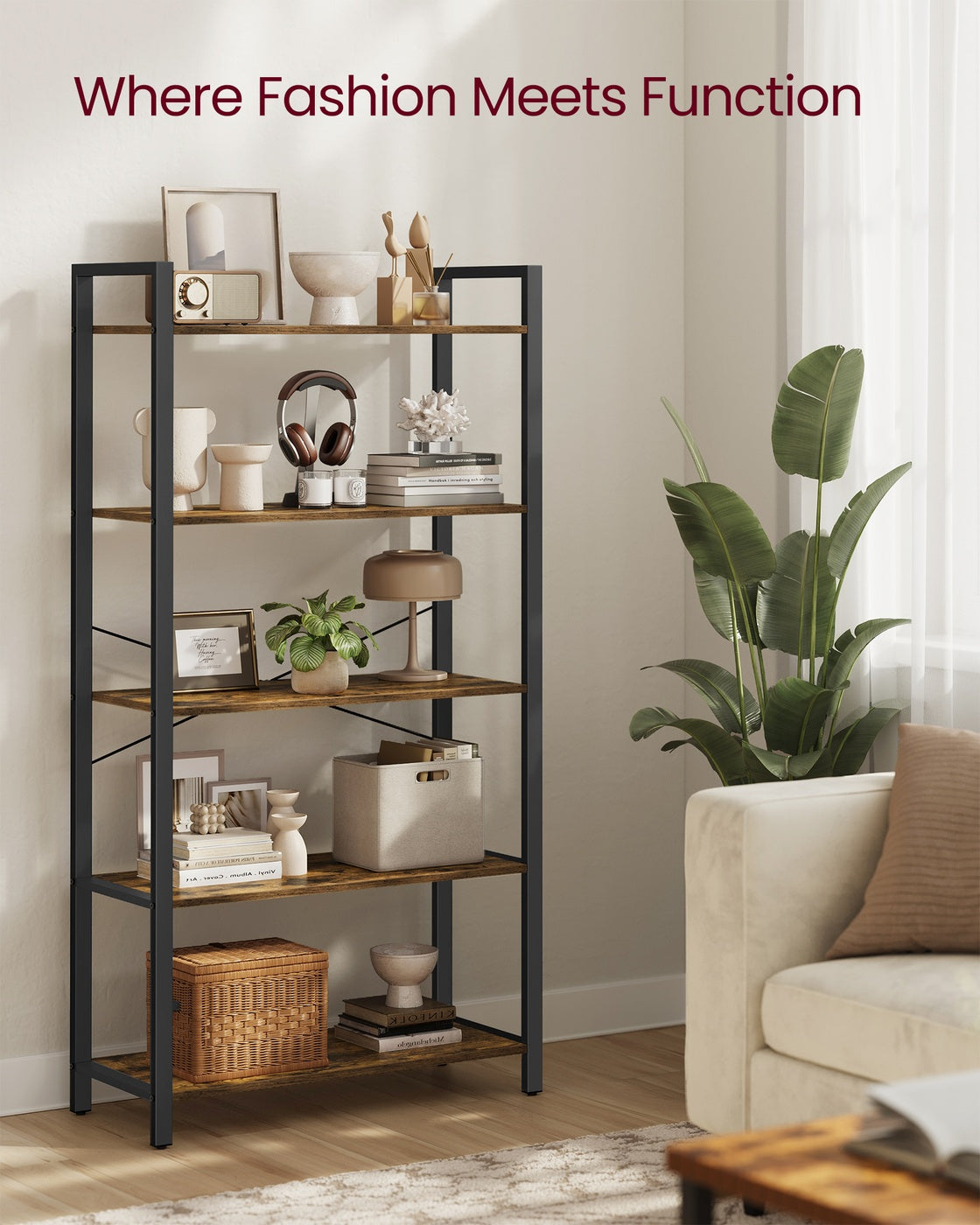 Storage Shelving Unit - Open with Multiple Tiers - Rustic Brown, Matte Black - 78 x 30 x 152.5 cm