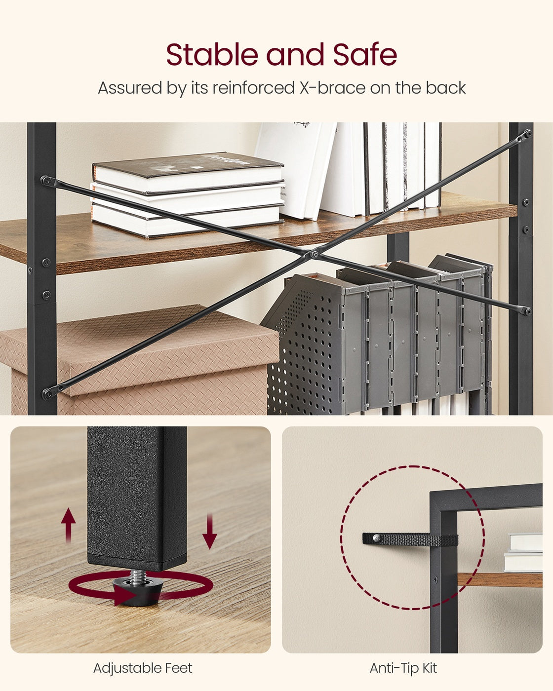 Storage Shelving Unit - Open with Multiple Tiers - Rustic Brown, Matte Black - 78 x 30 x 152.5 cm
