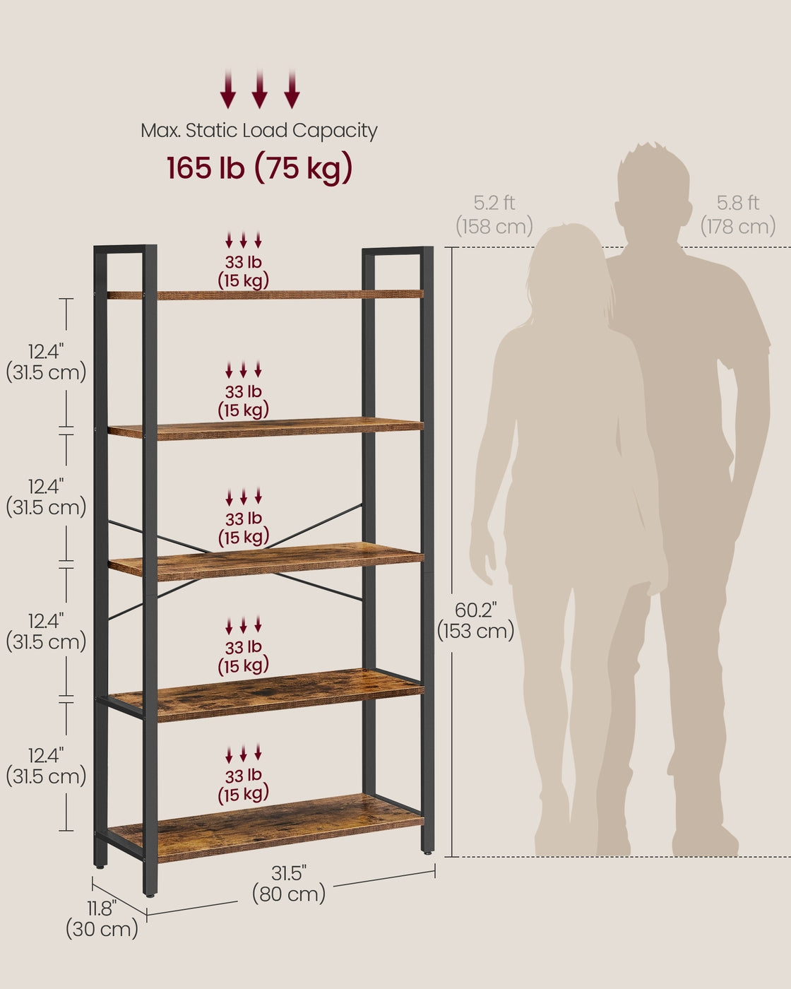 Storage Shelving Unit - Open with Multiple Tiers - Rustic Brown, Matte Black - 78 x 30 x 152.5 cm