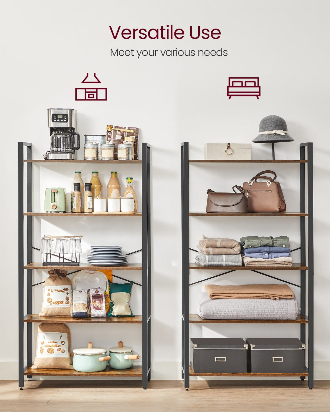 Storage Shelving Unit - Open with Multiple Tiers - Rustic Brown, Matte Black - 78 x 30 x 152.5 cm