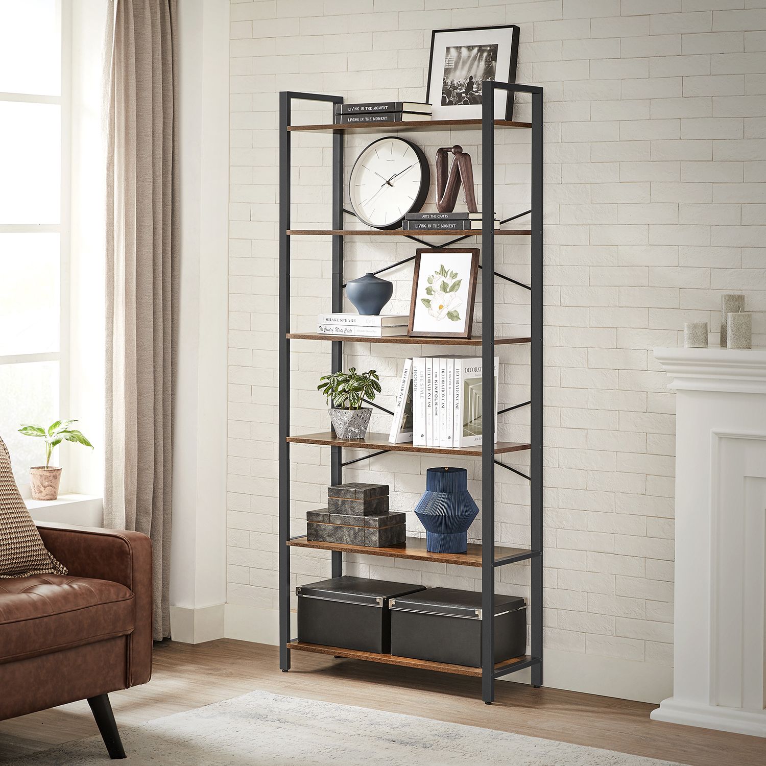 Tall Bookshelf - Steel Frame - Rustic Brown - 6-Tier Freestanding Shelf Unit