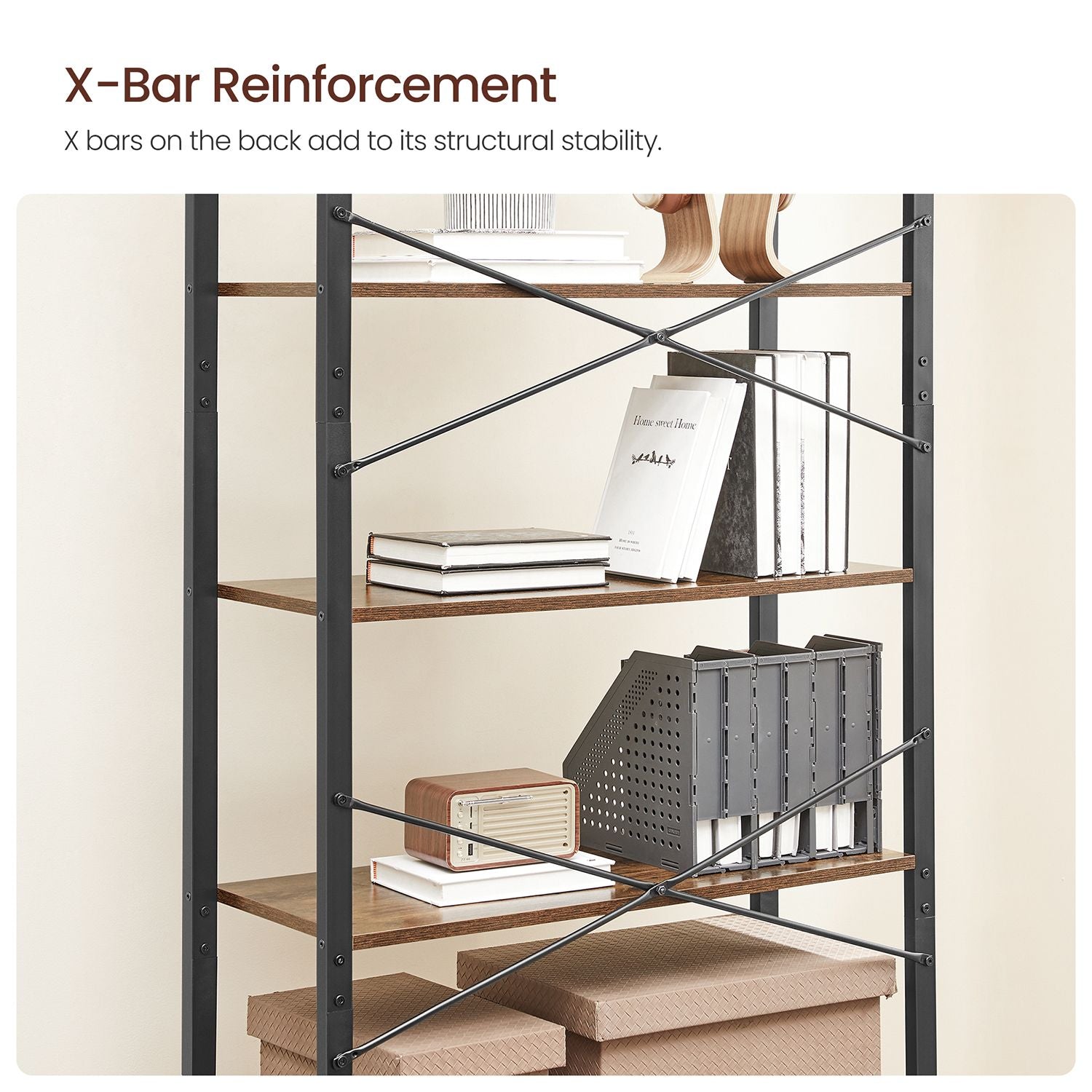 Tall Bookshelf - Steel Frame - Rustic Brown - 6-Tier Freestanding Shelf Unit