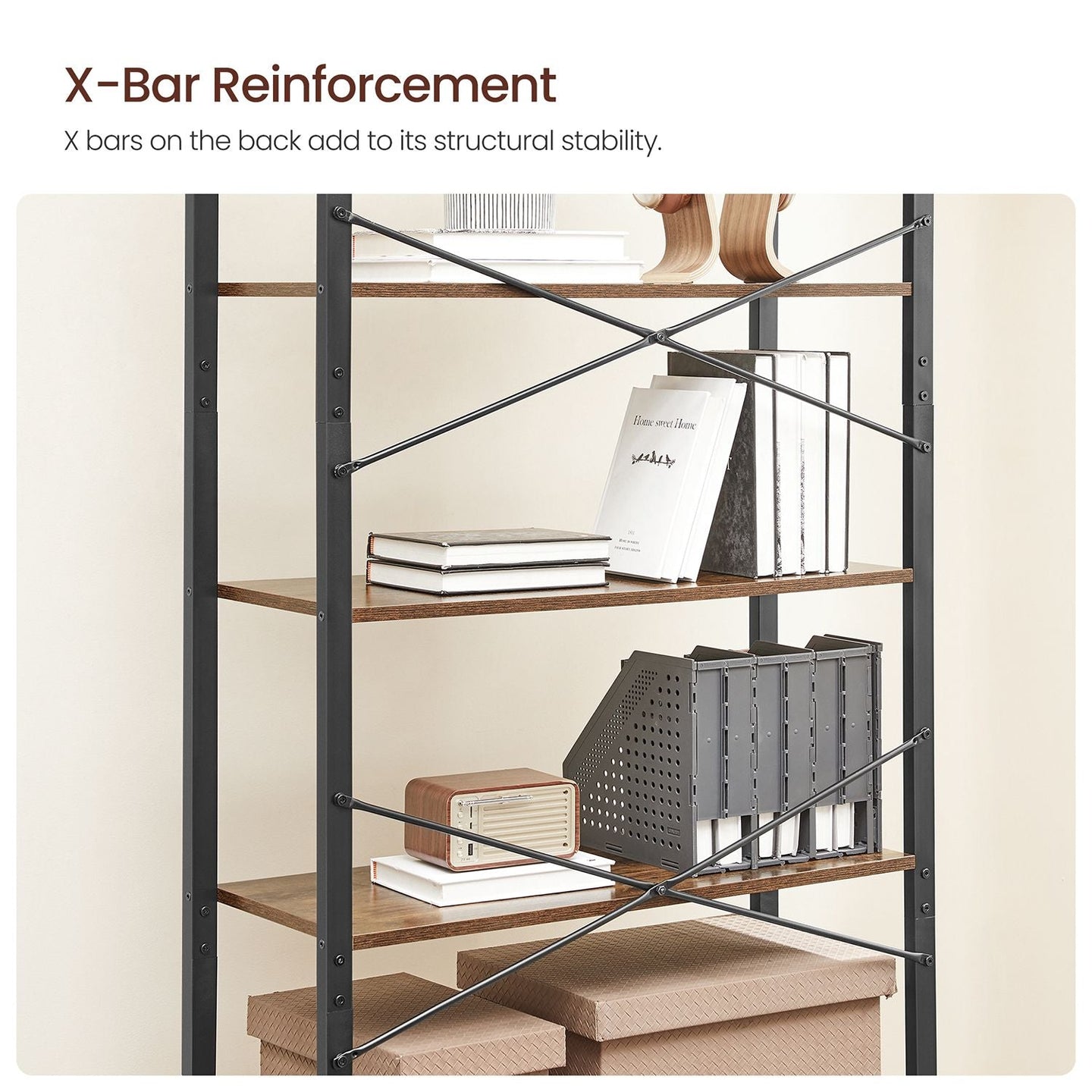 Tall Bookshelf - Steel Frame - Rustic Brown - 6-Tier Freestanding Shelf Unit
