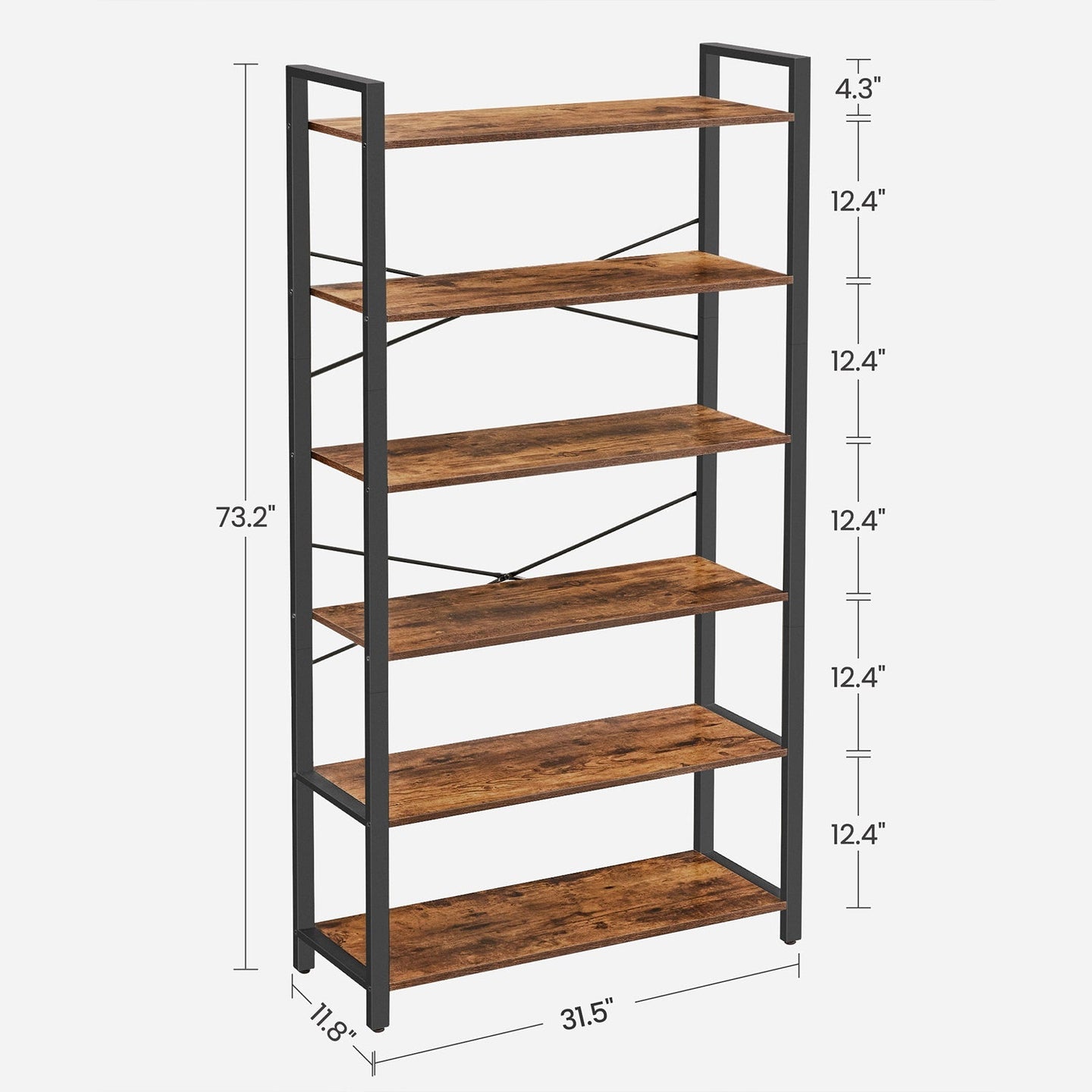 Tall Bookshelf - Steel Frame - Rustic Brown - 6-Tier Freestanding Shelf Unit