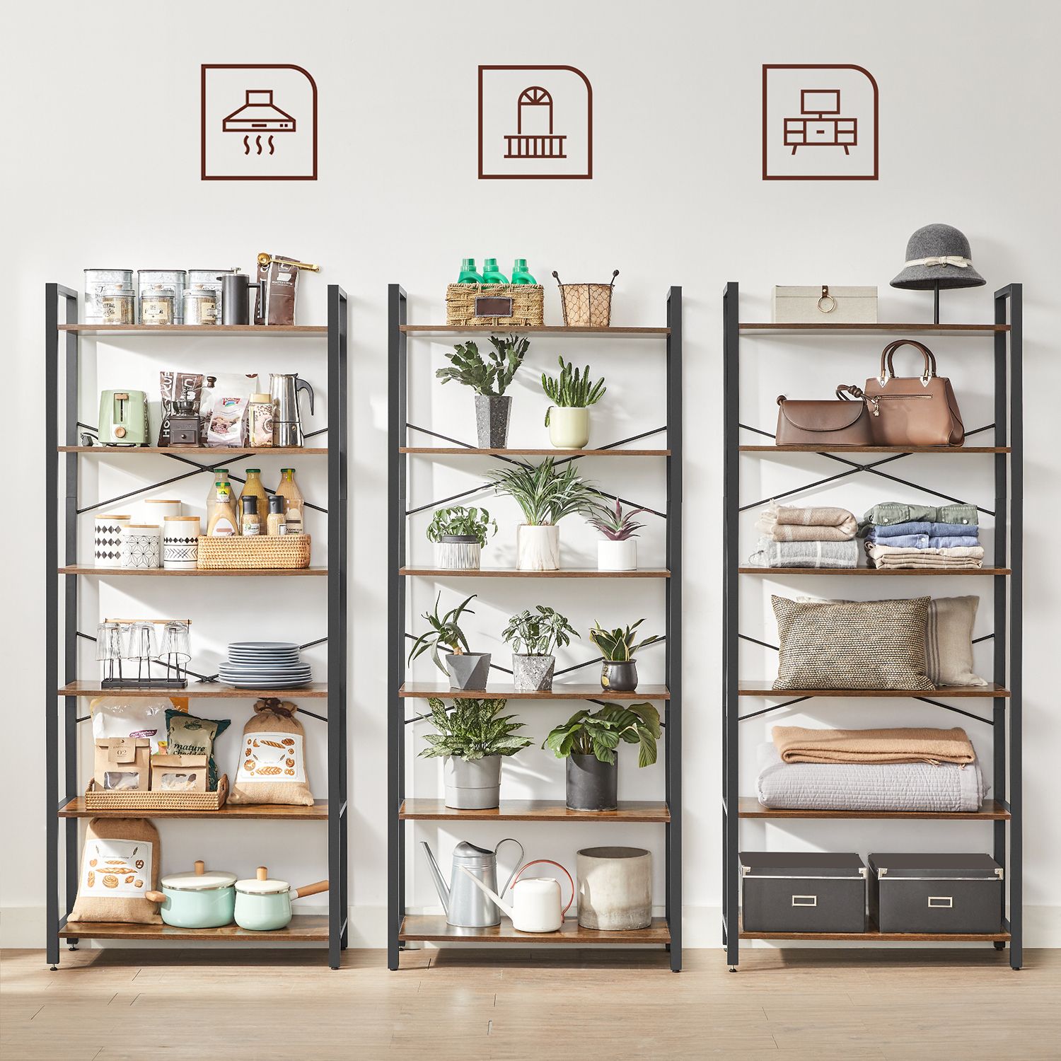 Tall Bookshelf - Steel Frame - Rustic Brown - 6-Tier Freestanding Shelf Unit