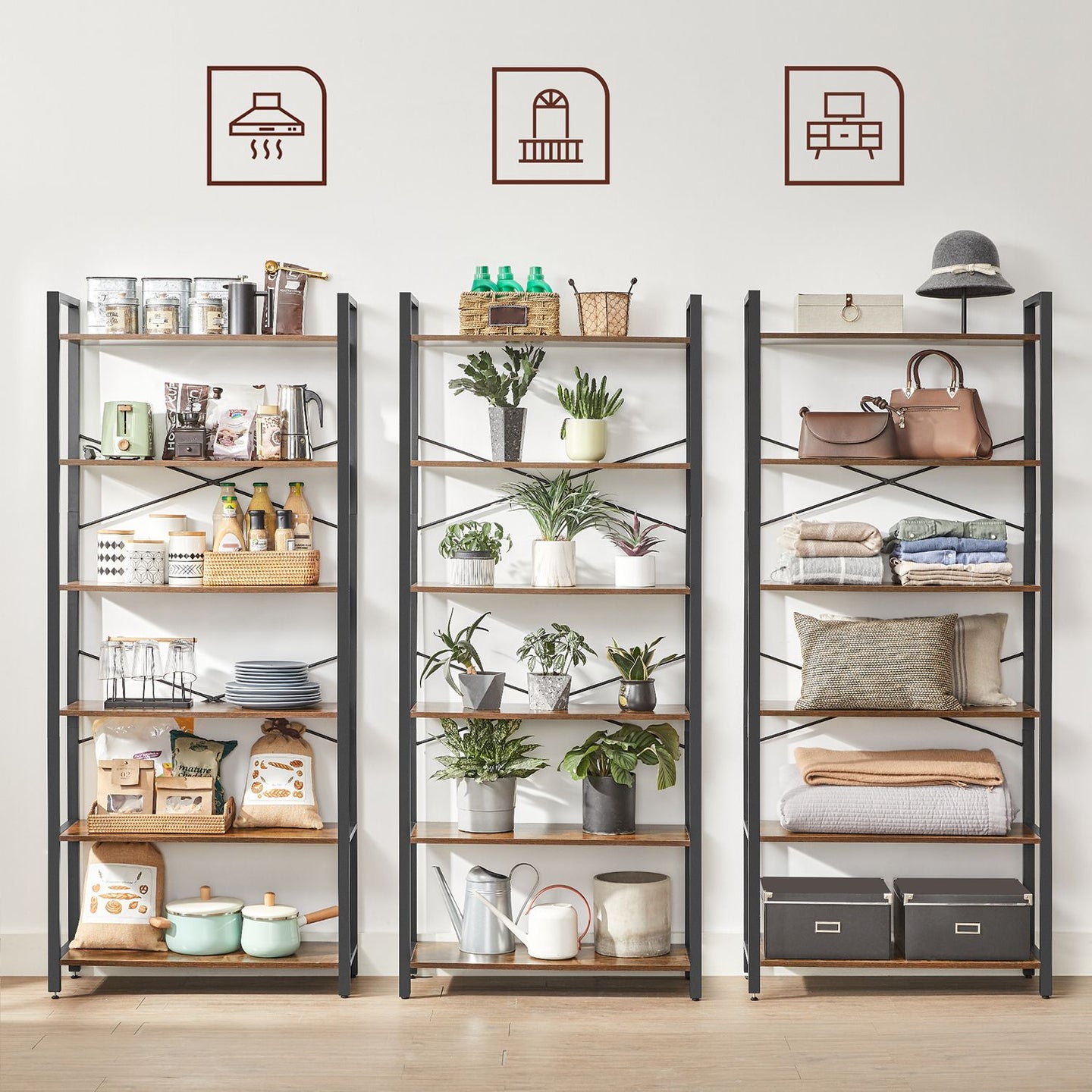 Tall Bookshelf - Steel Frame - Rustic Brown - 6-Tier Freestanding Shelf Unit