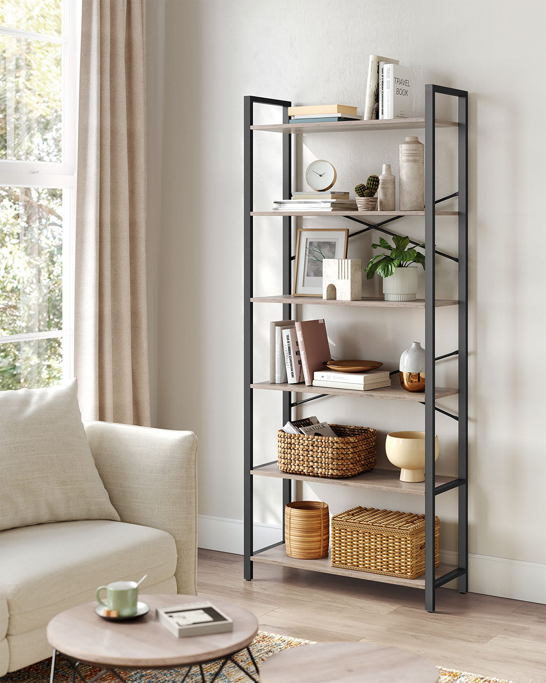 6-Tier Bookshelf - Steel Frame - Special Walnut and Black - Freestanding Design for Living Room