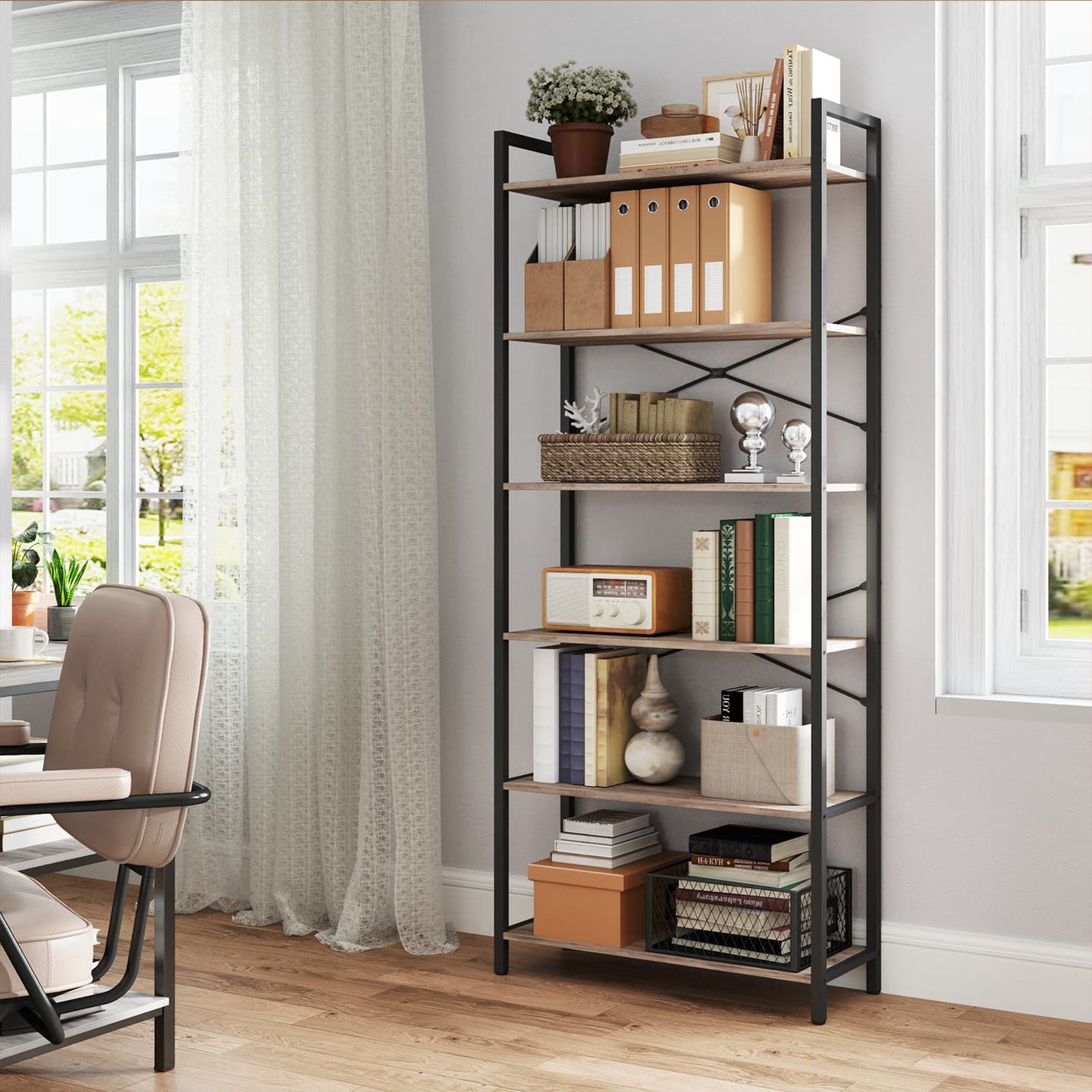 6-Tier Bookshelf - Steel Frame - Special Walnut and Black - Freestanding Design for Home Office and Living Room