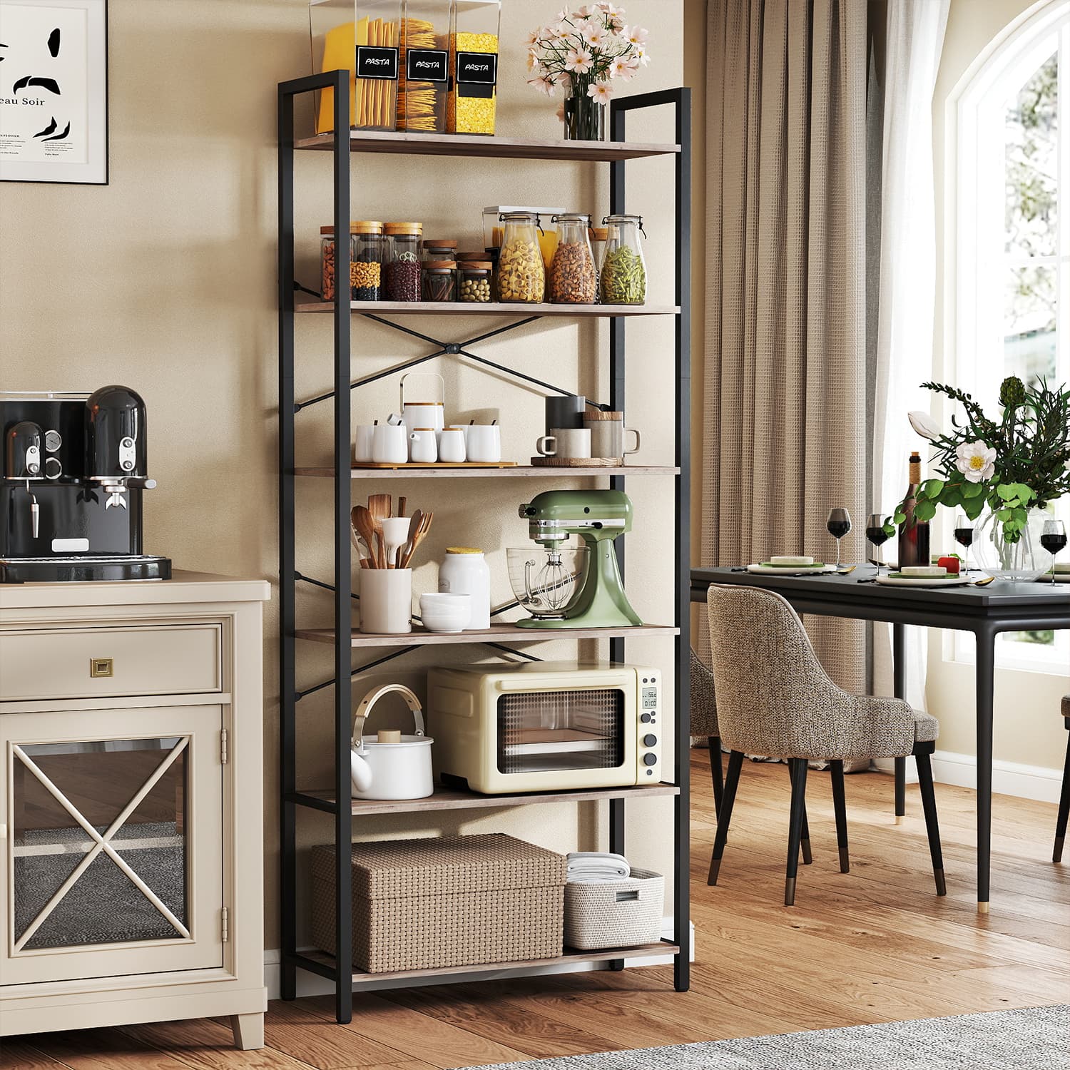 6-Tier Bookshelf - Steel Frame - Special Walnut and Black - Freestanding Design for Home Office and Living Room