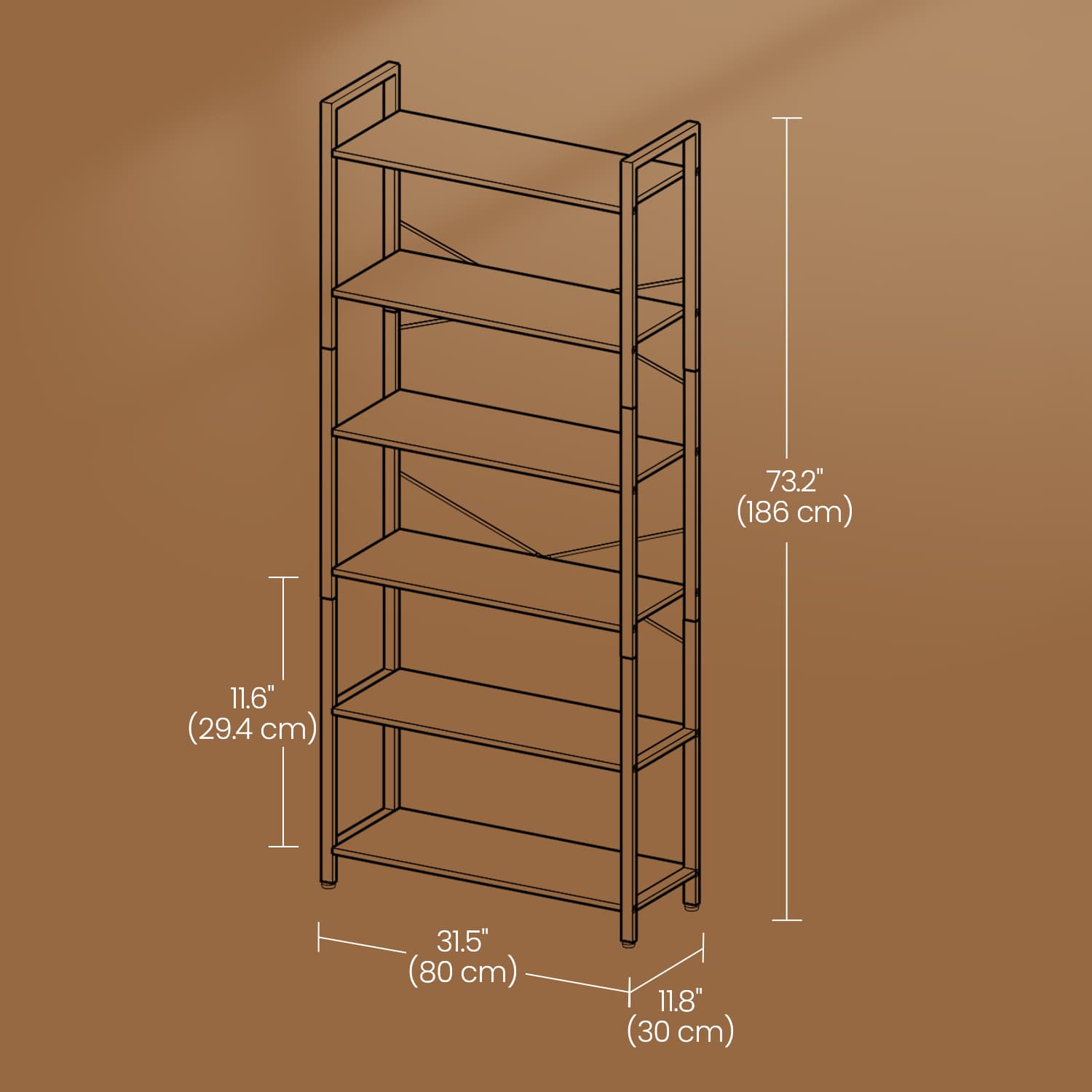 6-Tier Bookshelf - Steel Frame - Special Walnut and Black - Freestanding Design for Home Office and Living Room
