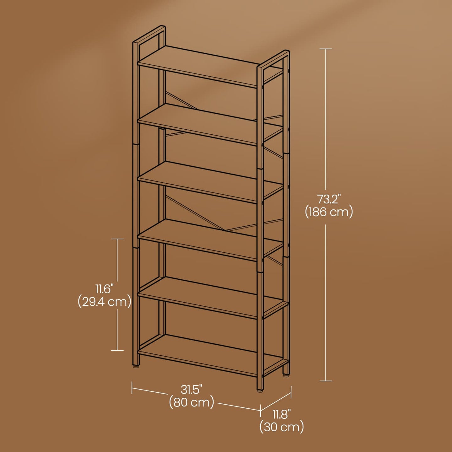 6-Tier Bookshelf - Steel Frame - Special Walnut and Black - Freestanding Design for Home Office and Living Room