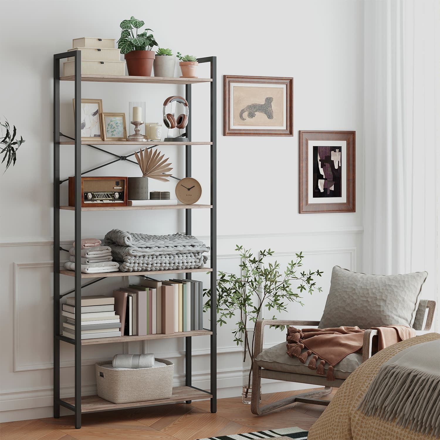 6-Tier Bookshelf - Steel Frame - Special Walnut and Black - Freestanding Design for Home Office and Living Room