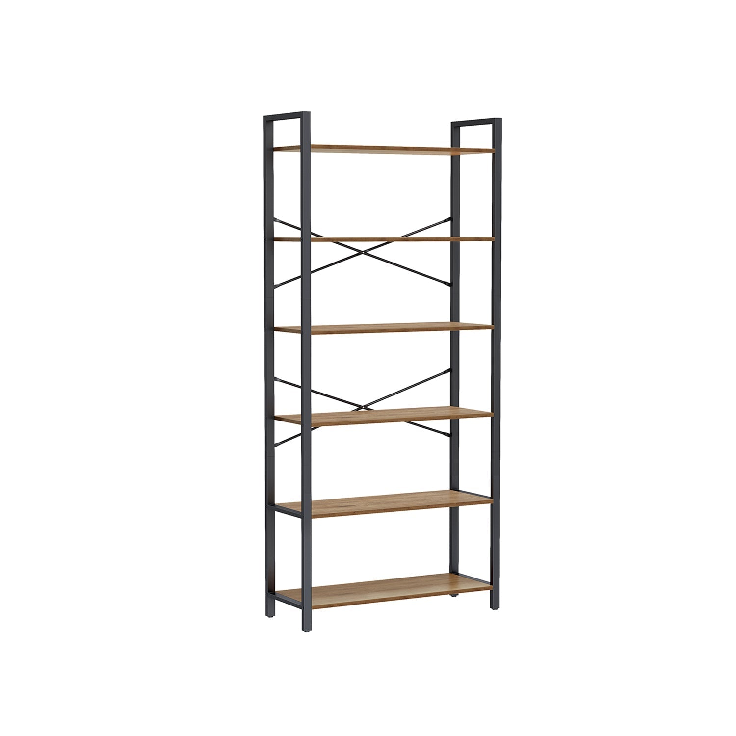 Tall Bookshelf - Steel Frame - Rustic Brown - 6-Tier Freestanding Shelf Unit