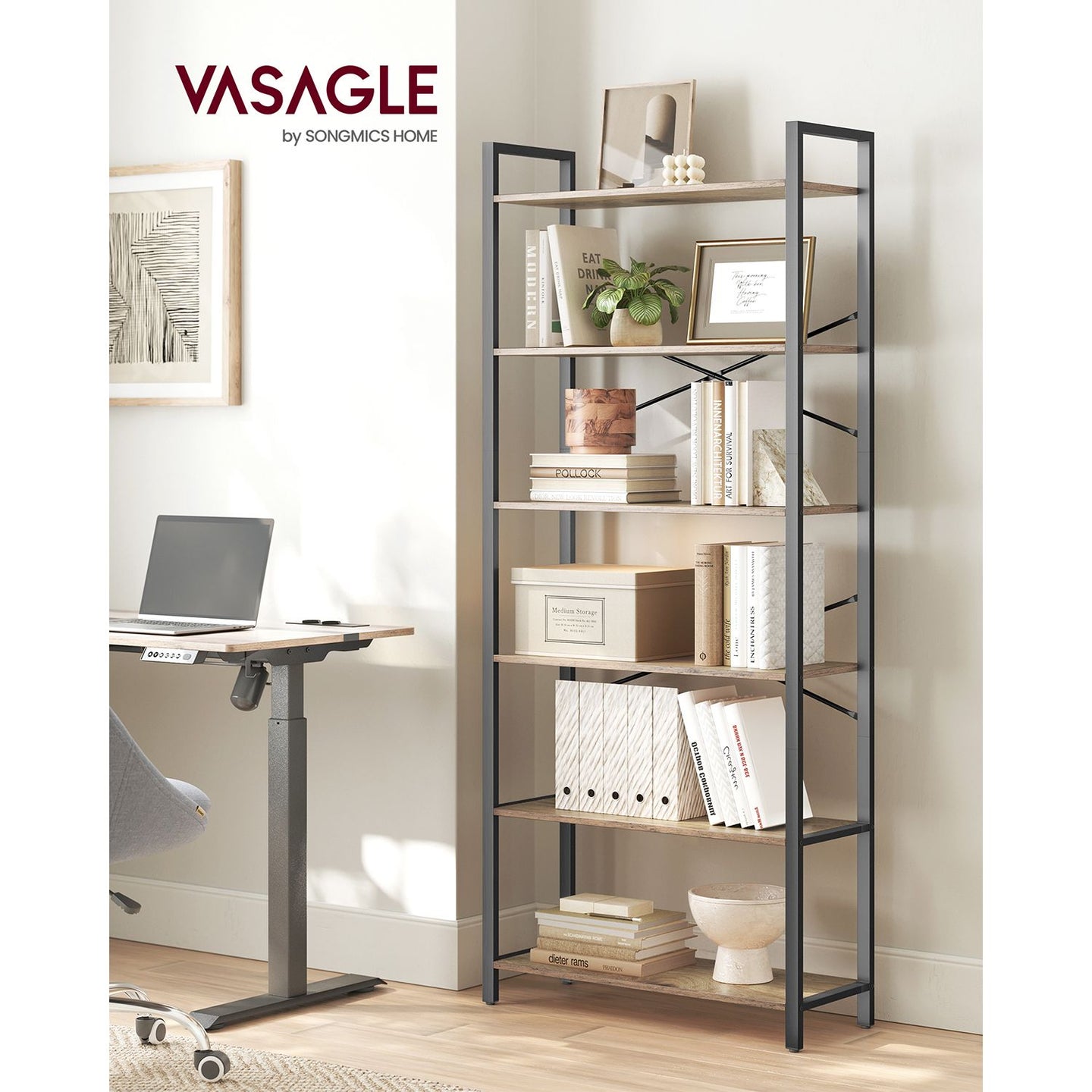 6-Tier Tall Bookshelf - Steel Frame - Special Walnut and Black - Freestanding Unit for Living Room