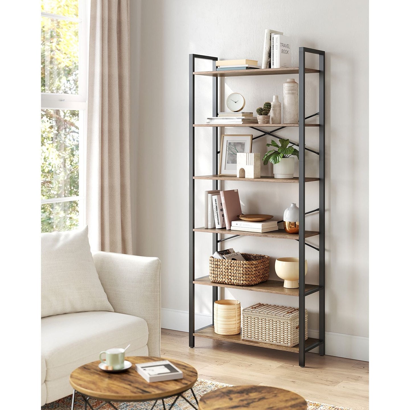 6-Tier Tall Bookshelf - Steel Frame - Special Walnut and Black - Freestanding Unit for Living Room