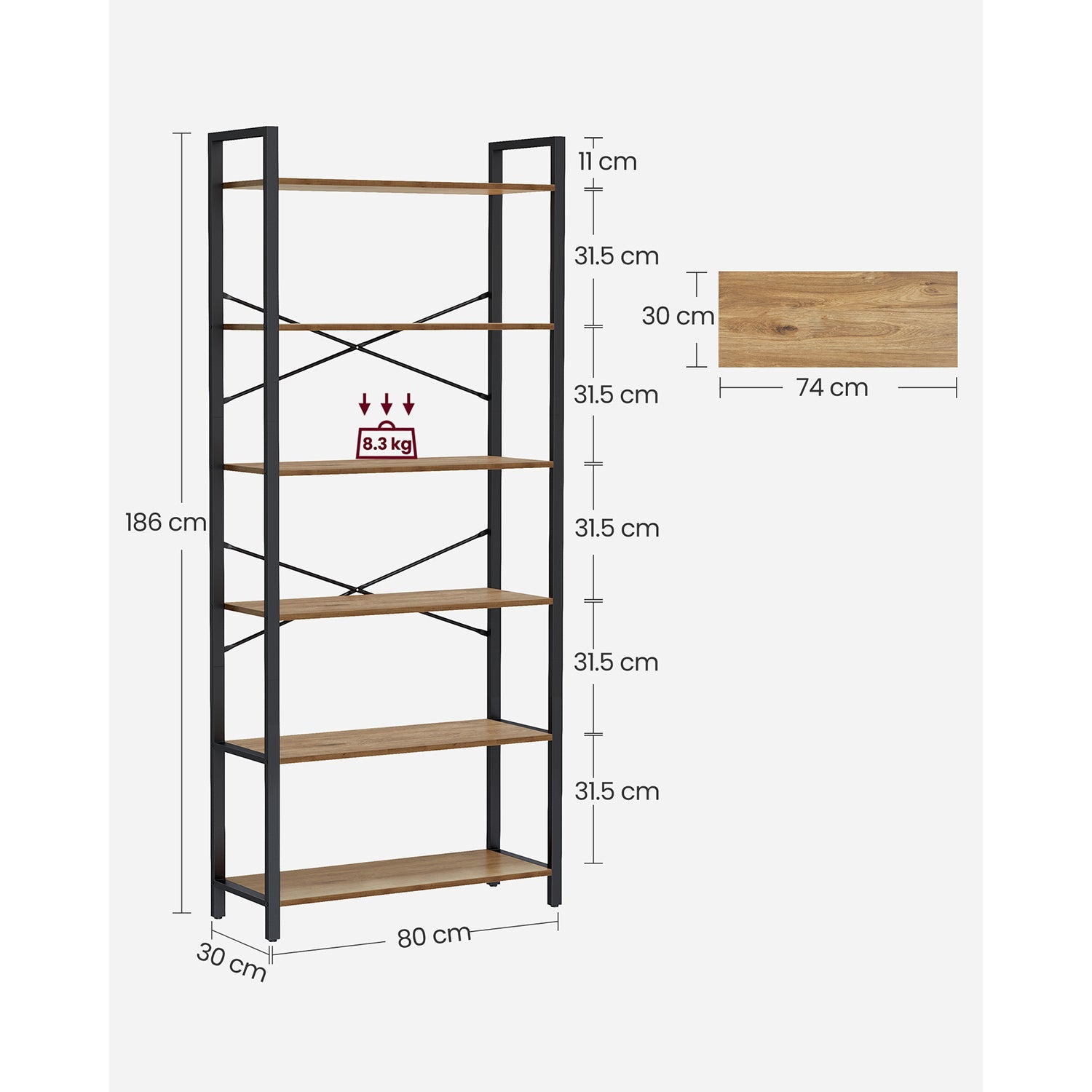 6-Tier Tall Bookshelf - Steel Frame - Special Walnut and Black - Freestanding Unit for Living Room
