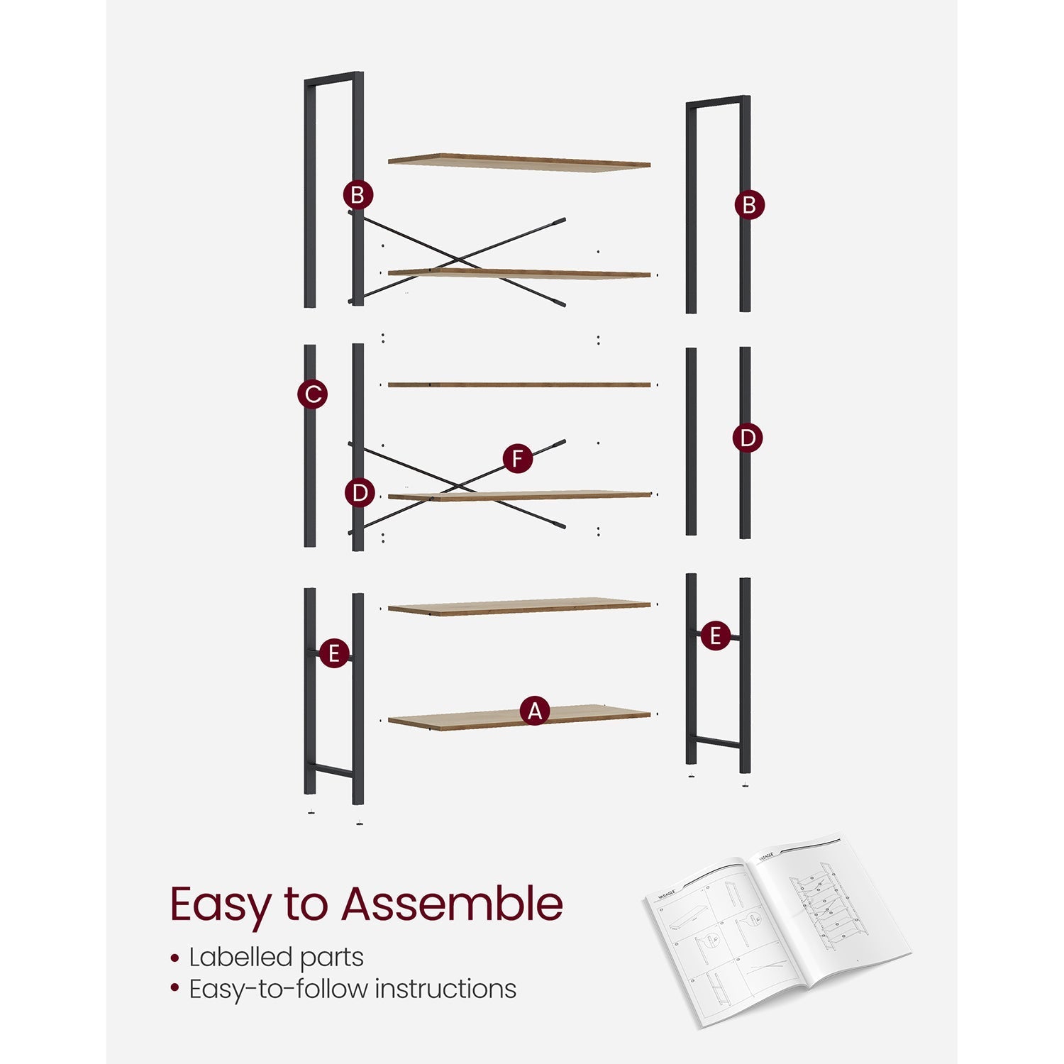 6-Tier Tall Bookshelf - Steel Frame - Special Walnut and Black - Freestanding Unit for Living Room