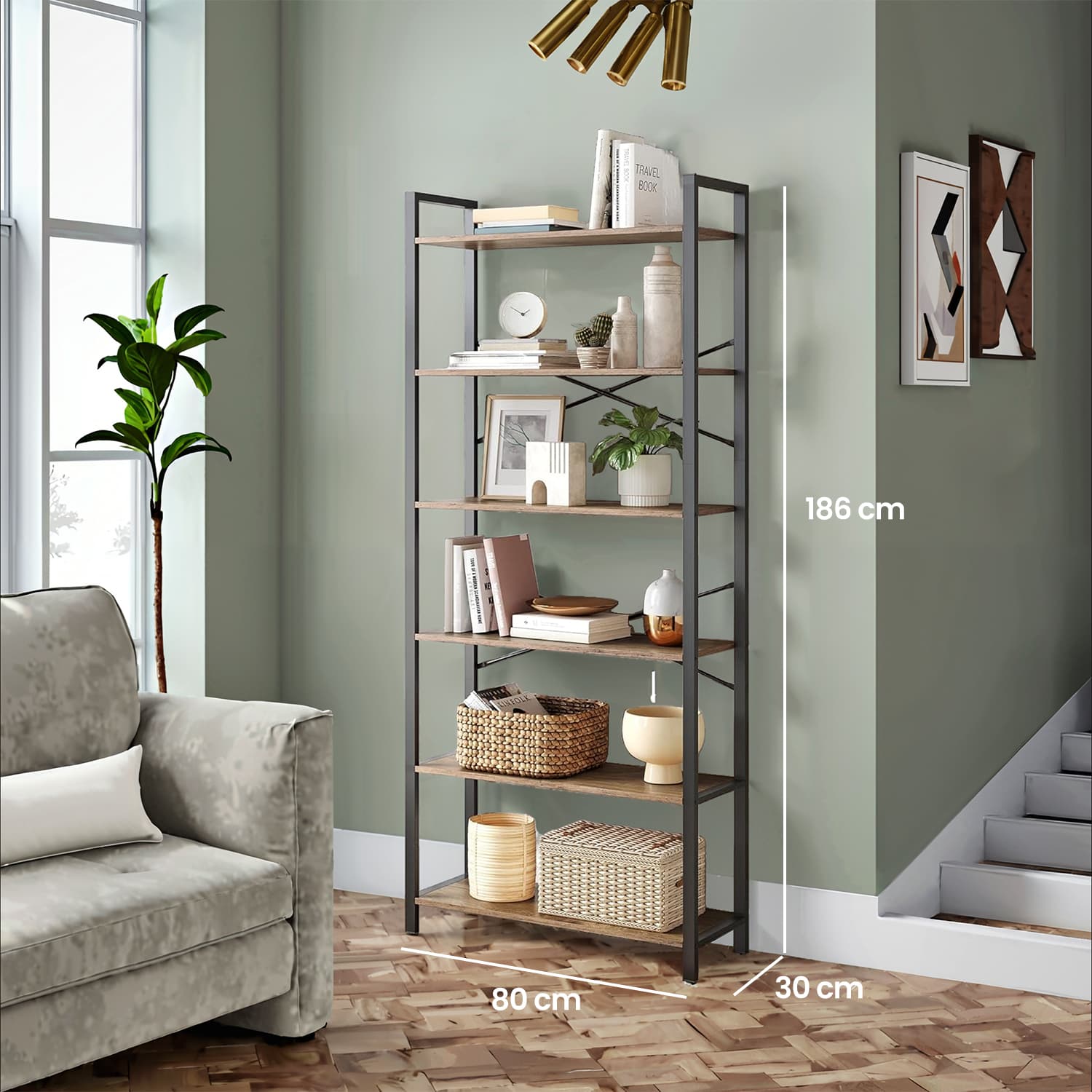 6-Tier Bookshelf - Steel Frame - Special Walnut and Black - Freestanding Design for Living Room
