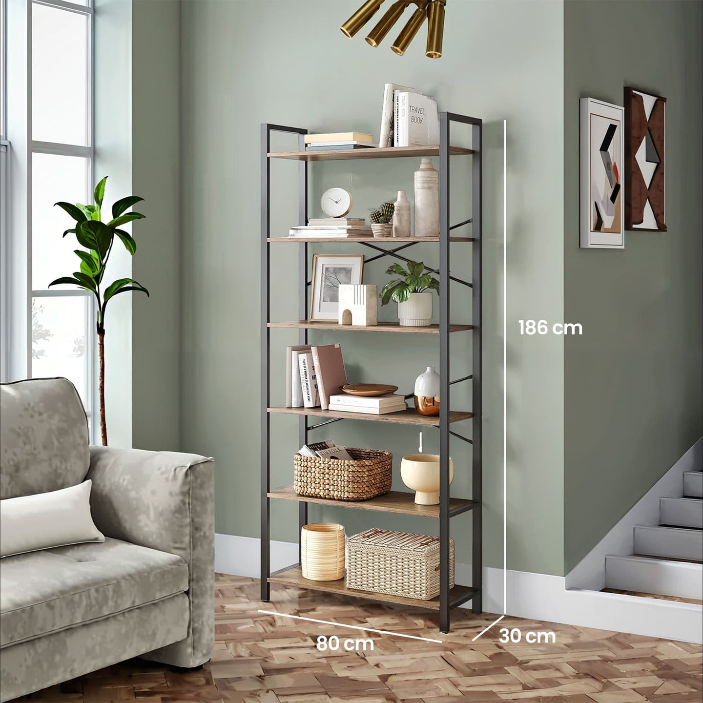 6-Tier Bookshelf - Steel Frame - Special Walnut and Black - Freestanding Design for Living Room