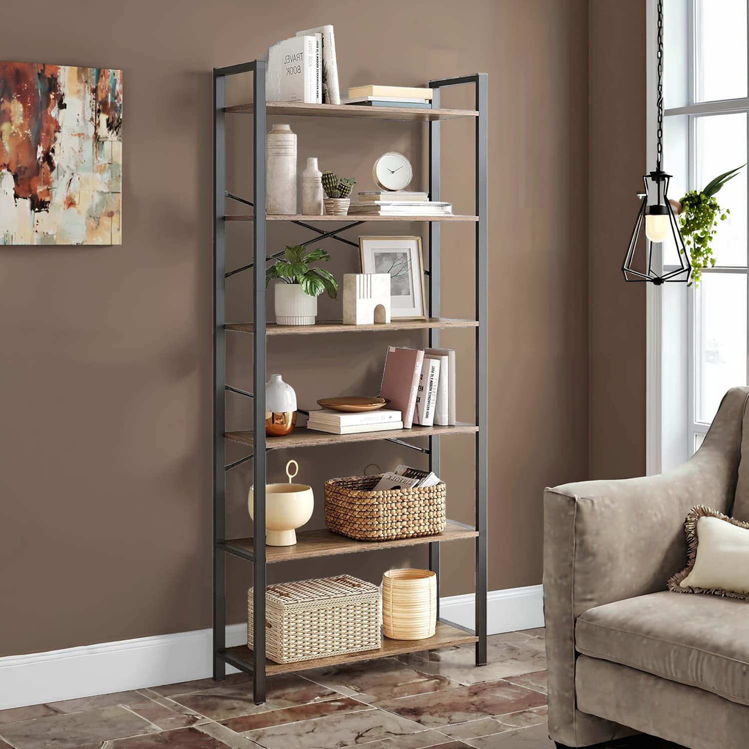6-Tier Bookshelf - Steel Frame - Special Walnut and Black - Freestanding Design for Living Room
