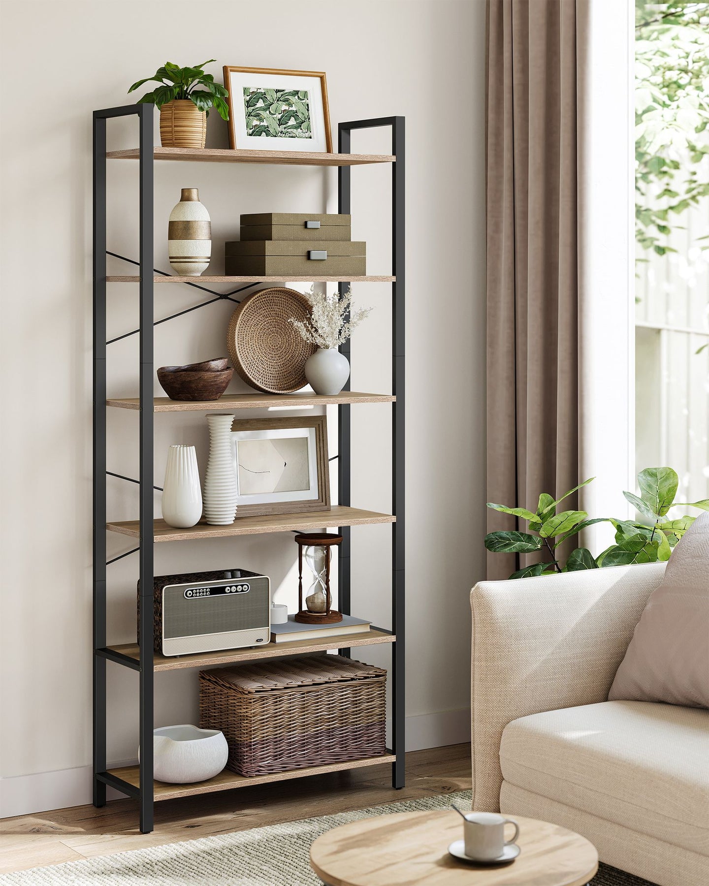 6-Tier Freestanding Tall Bookshelf - Steel Frame - Camel Brown