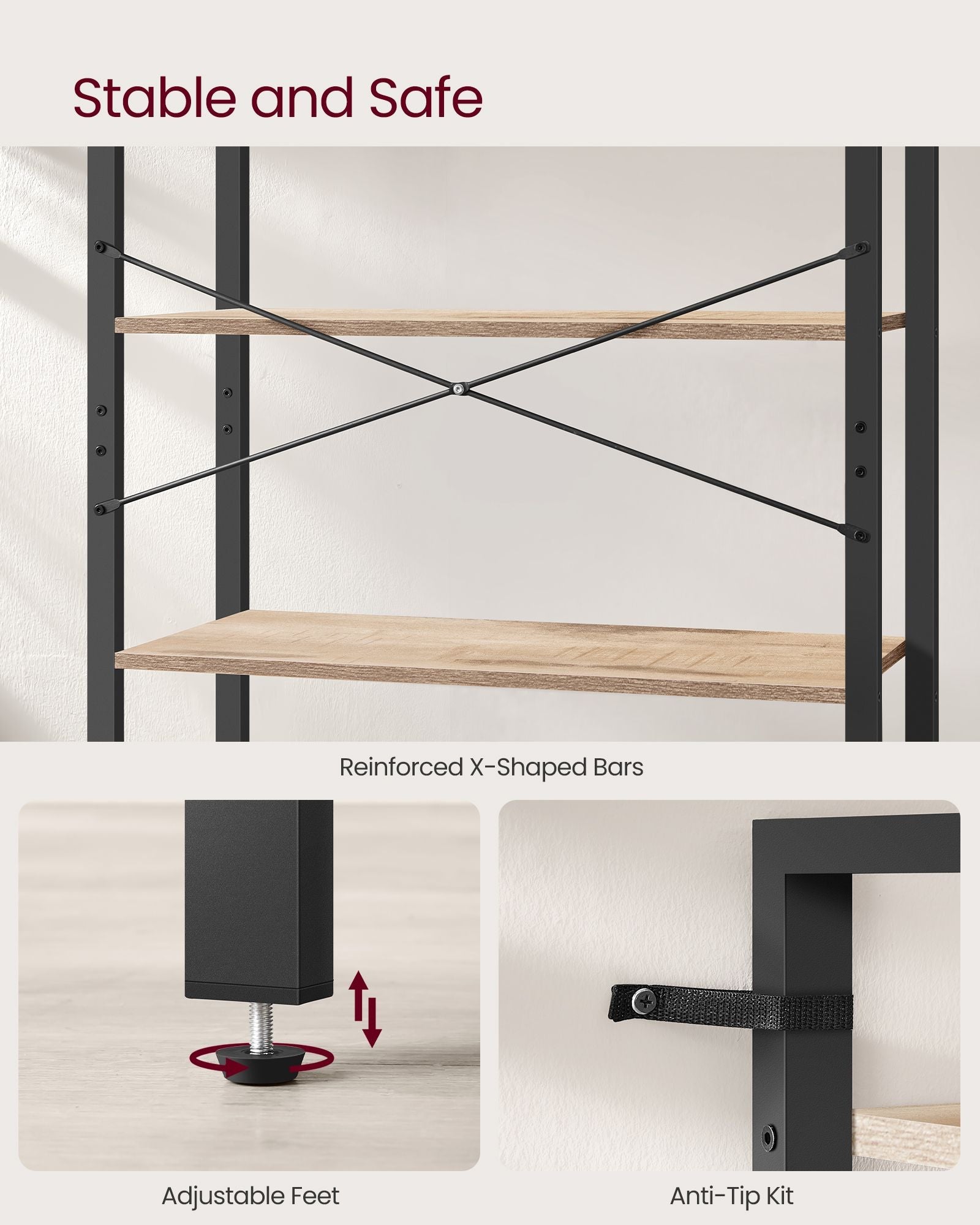 6-Tier Freestanding Tall Bookshelf - Steel Frame - Camel Brown