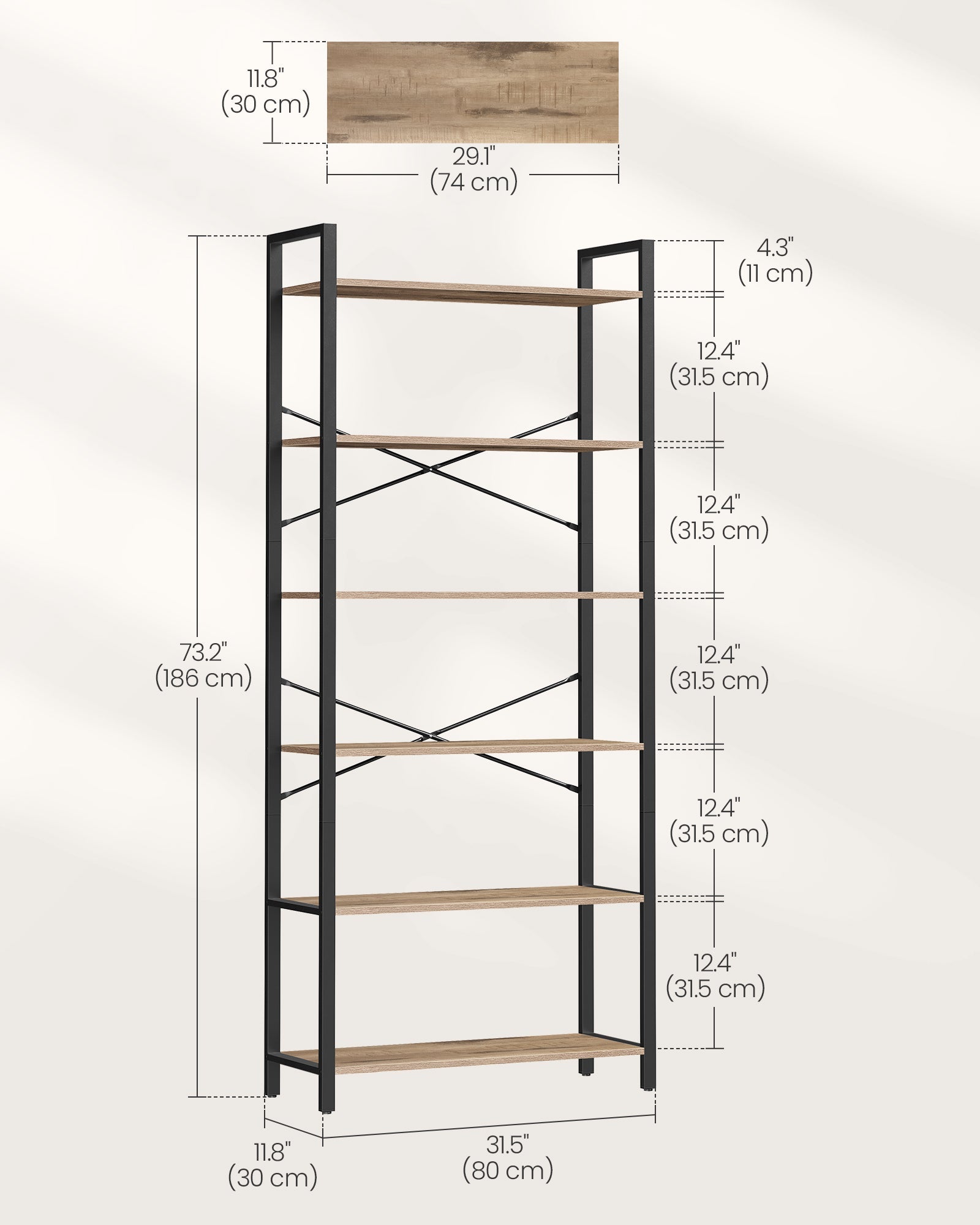 6-Tier Freestanding Tall Bookshelf - Steel Frame - Camel Brown