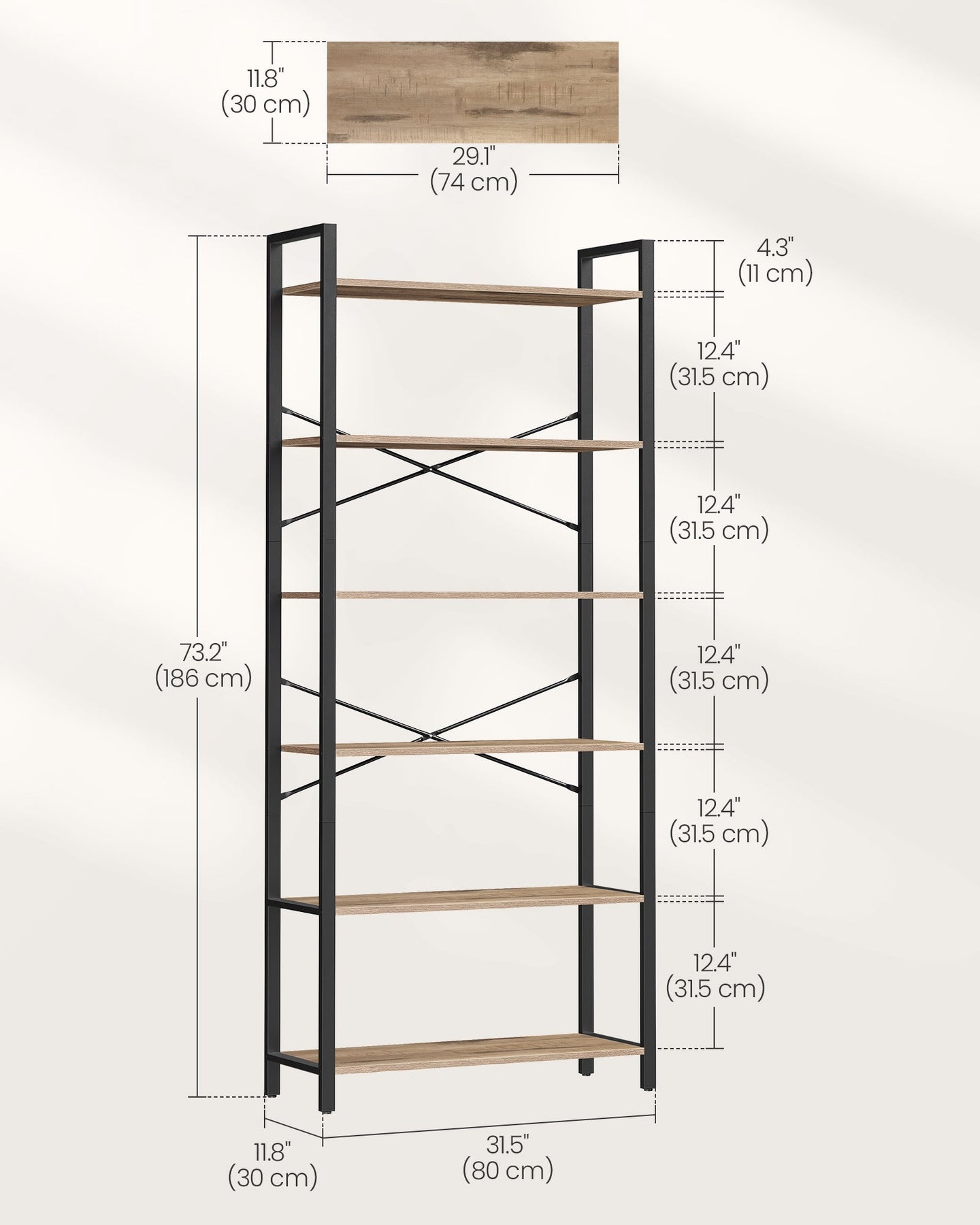 6-Tier Freestanding Tall Bookshelf - Steel Frame - Camel Brown