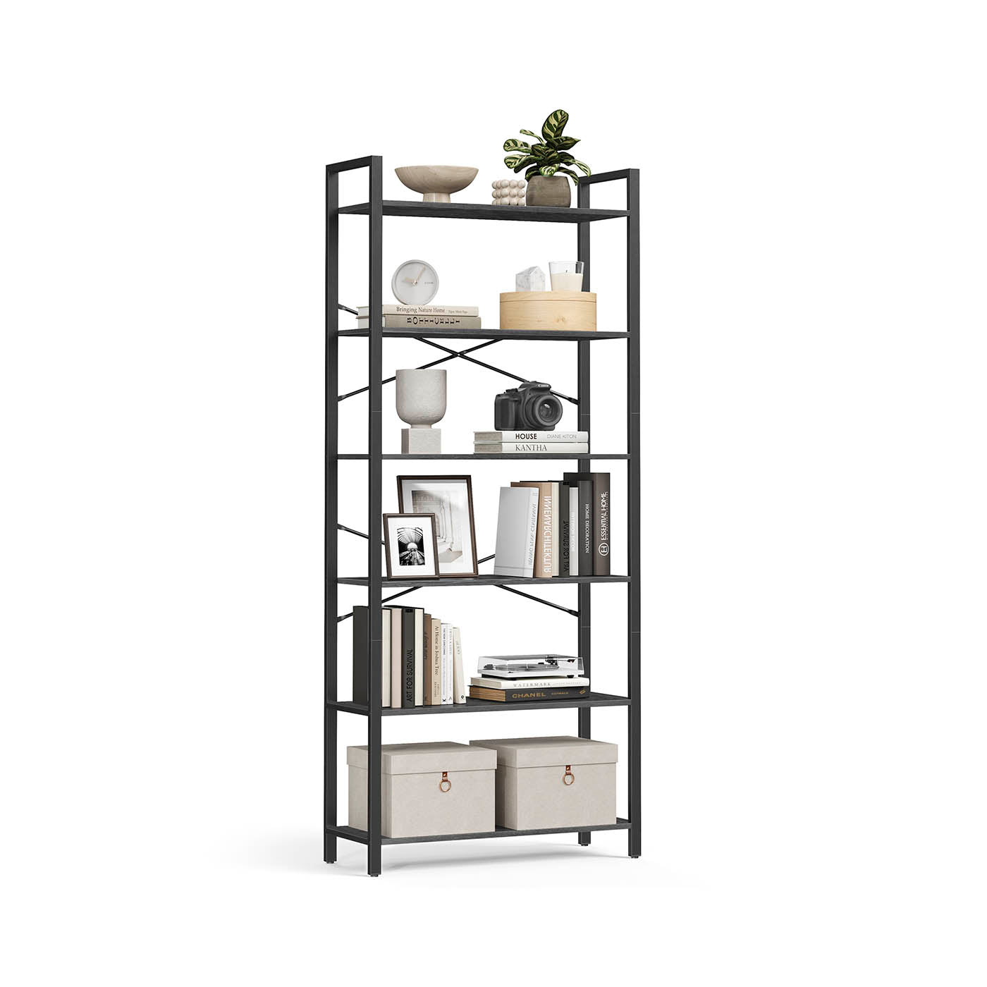 Tall Bookshelf - Steel Frame - Rustic Brown - 6-Tier Freestanding Shelf Unit
