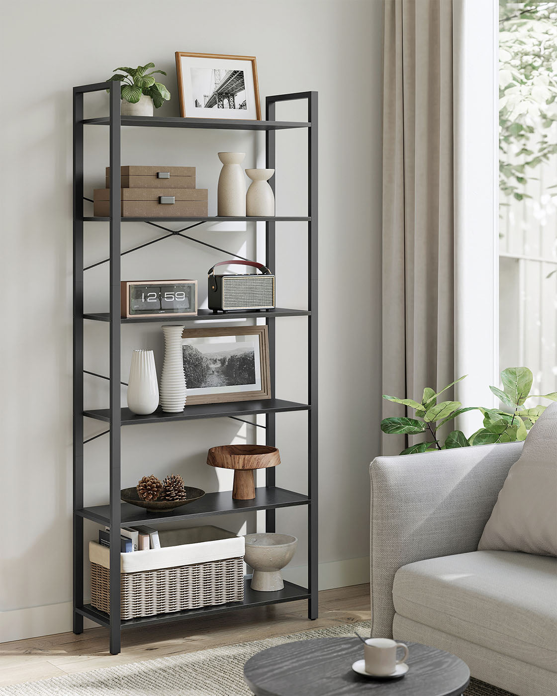 Freestanding Bookshelf - 6-Tier Industrial Design - Steel - Ebony Black