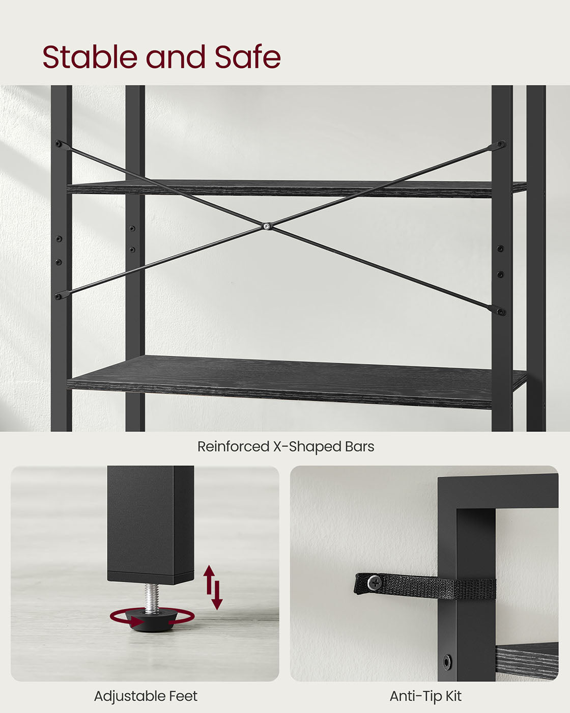 Freestanding Bookshelf - 6-Tier Industrial Design - Steel - Ebony Black