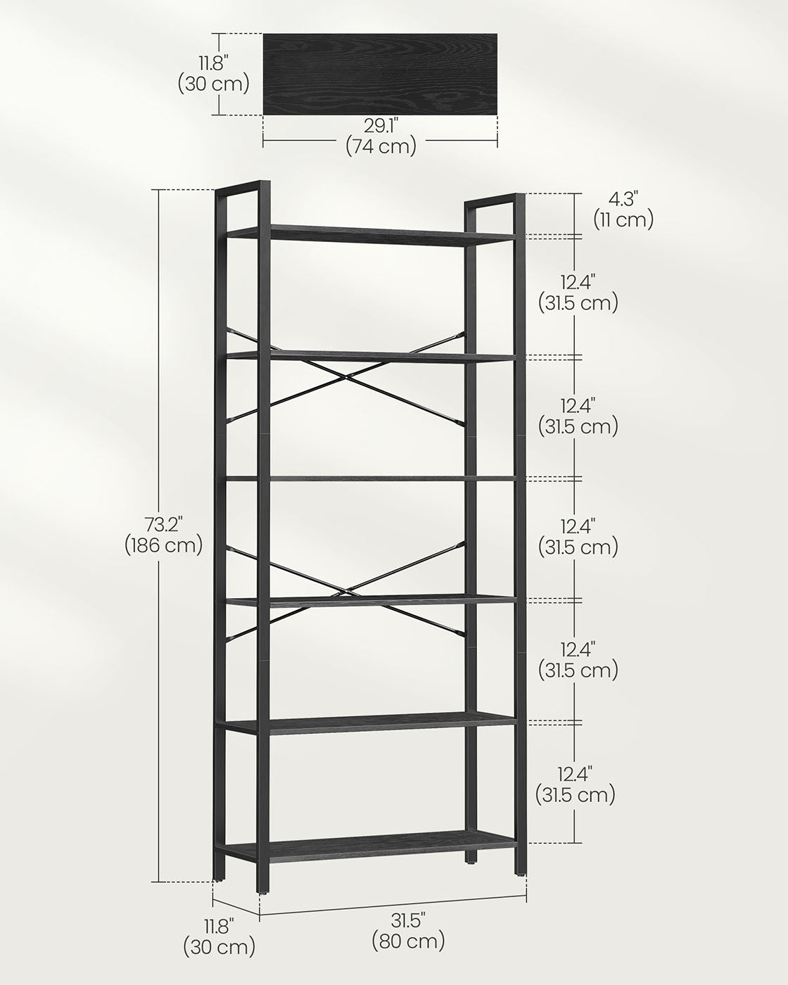 Freestanding Bookshelf - 6-Tier Industrial Design - Steel - Ebony Black