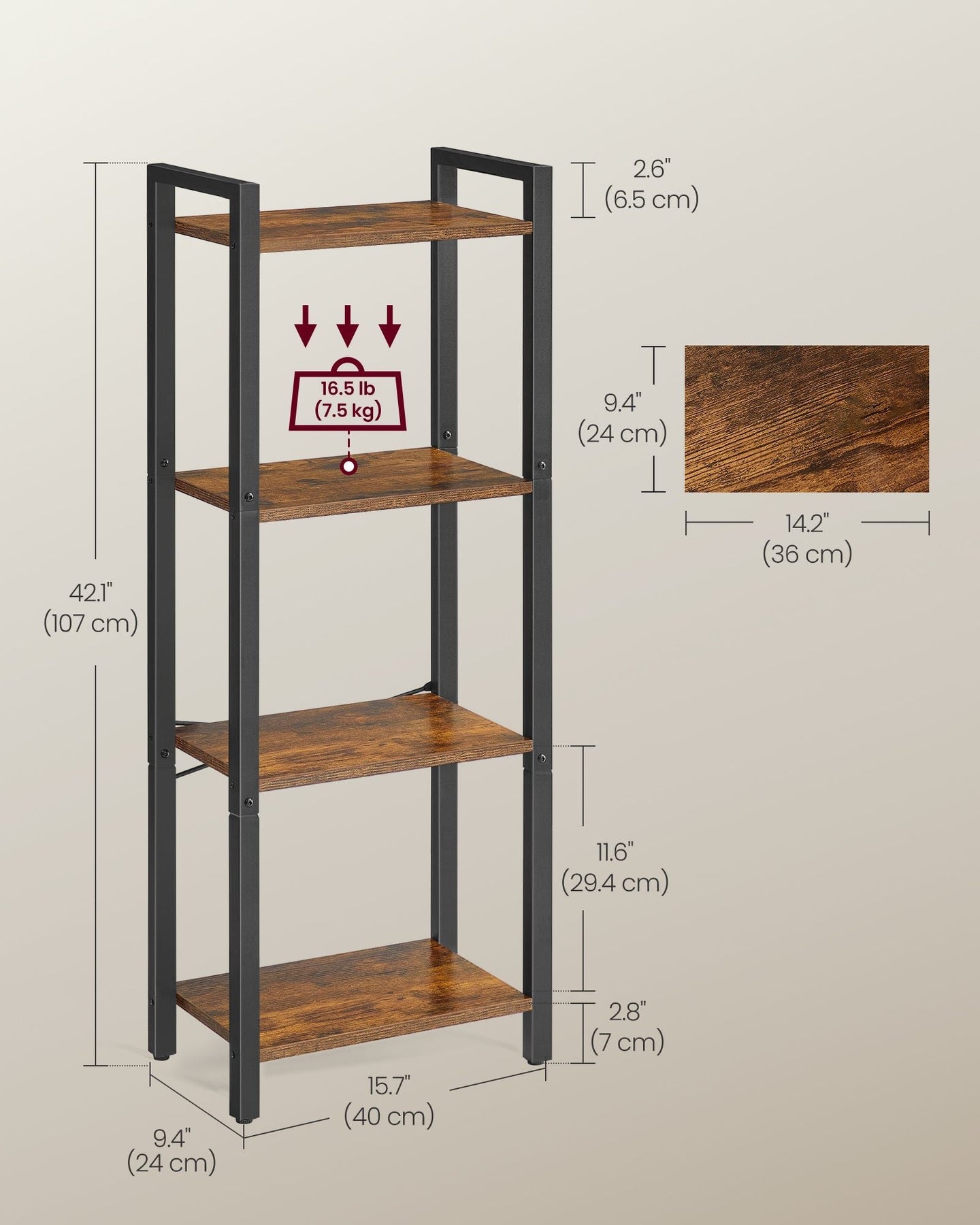 4-Tier Bookshelf - Wood - Rustic Brown