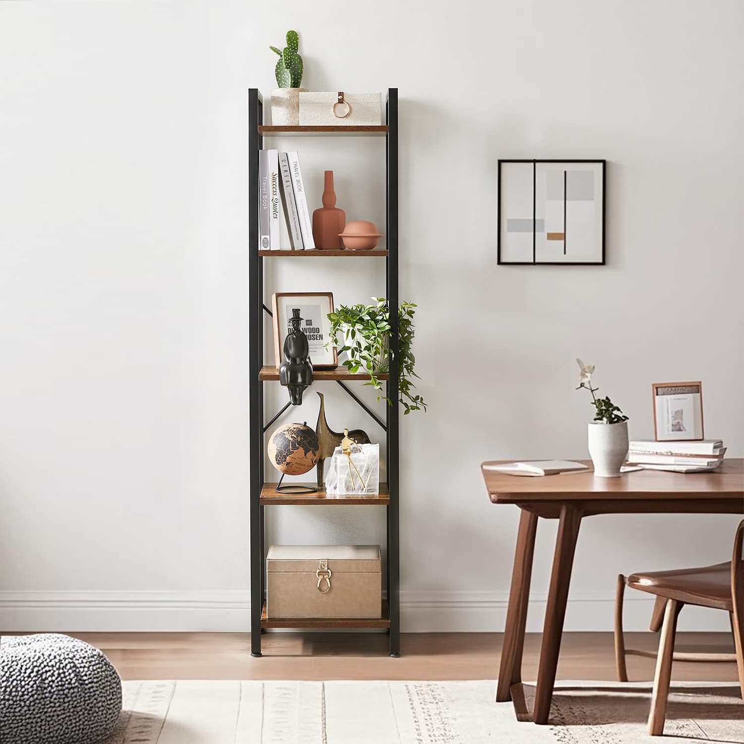 5-Tier Bookcase - Wood - Rustic Brown and Black - Freestanding Storage for Home Office and Living Room