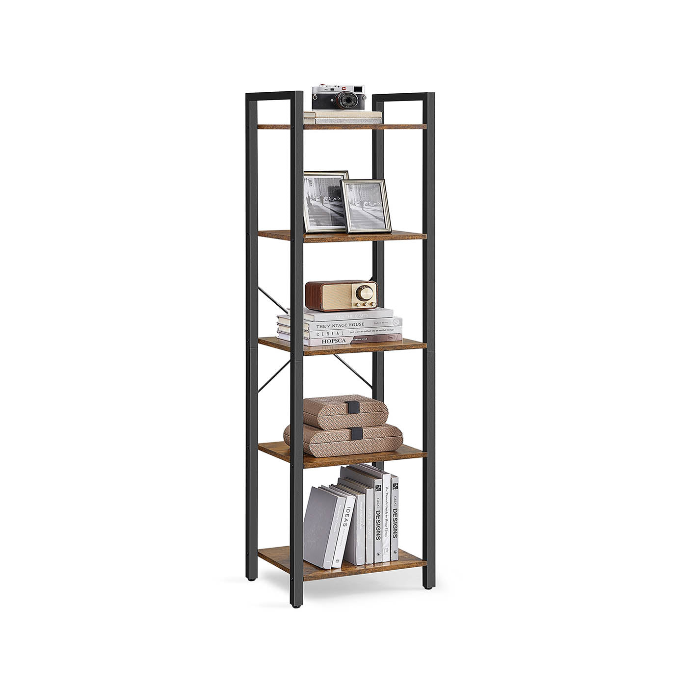 5-Tier Storage Rack - Steel Frame - Rustic Brown and Black - Durable Design for Everyday Use