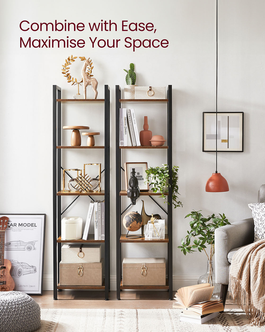 5-Tier Storage Rack - Steel Frame - Rustic Brown and Black - Durable Design for Everyday Use