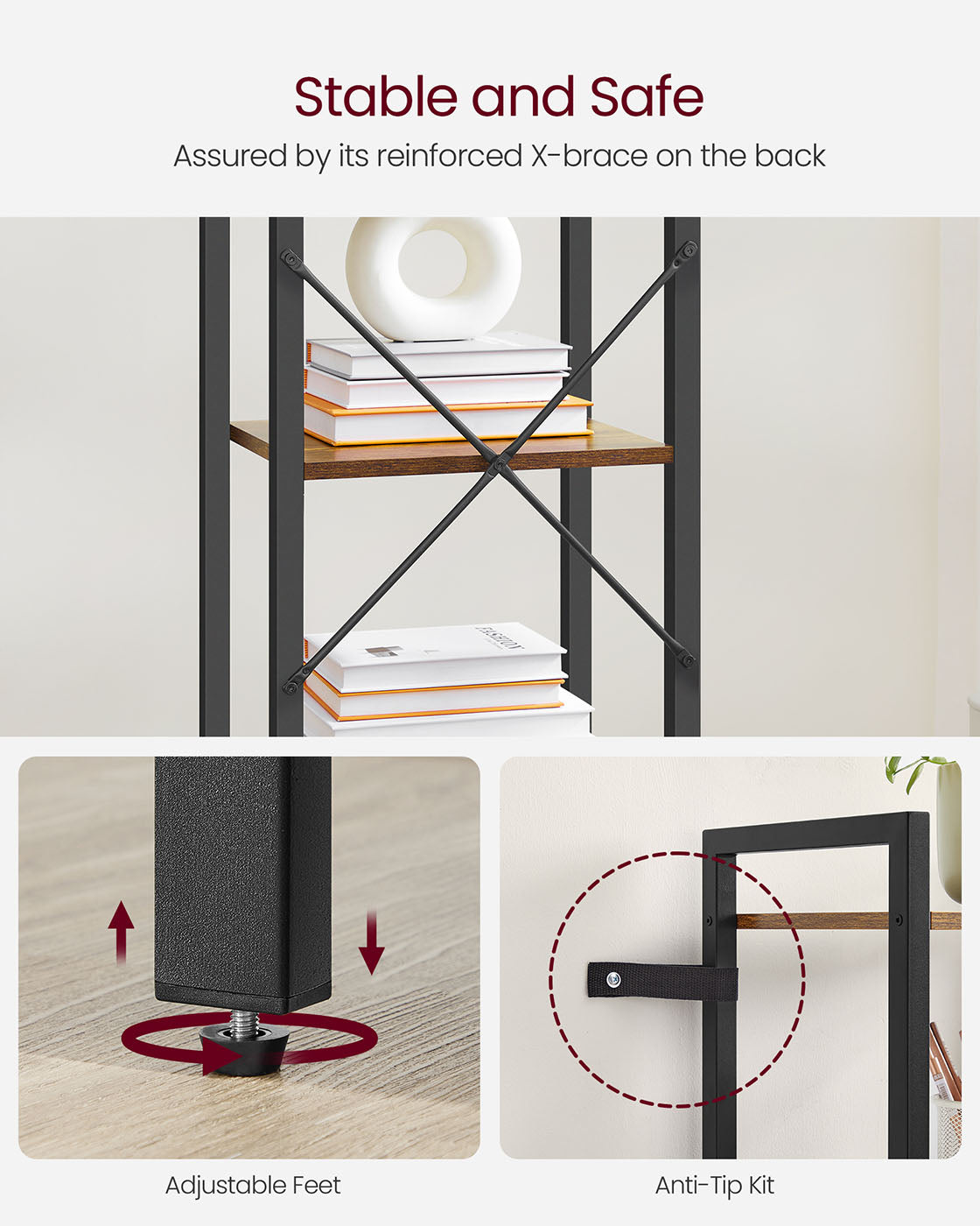 5-Tier Storage Rack - Steel Frame - Rustic Brown and Black - Durable Design for Everyday Use